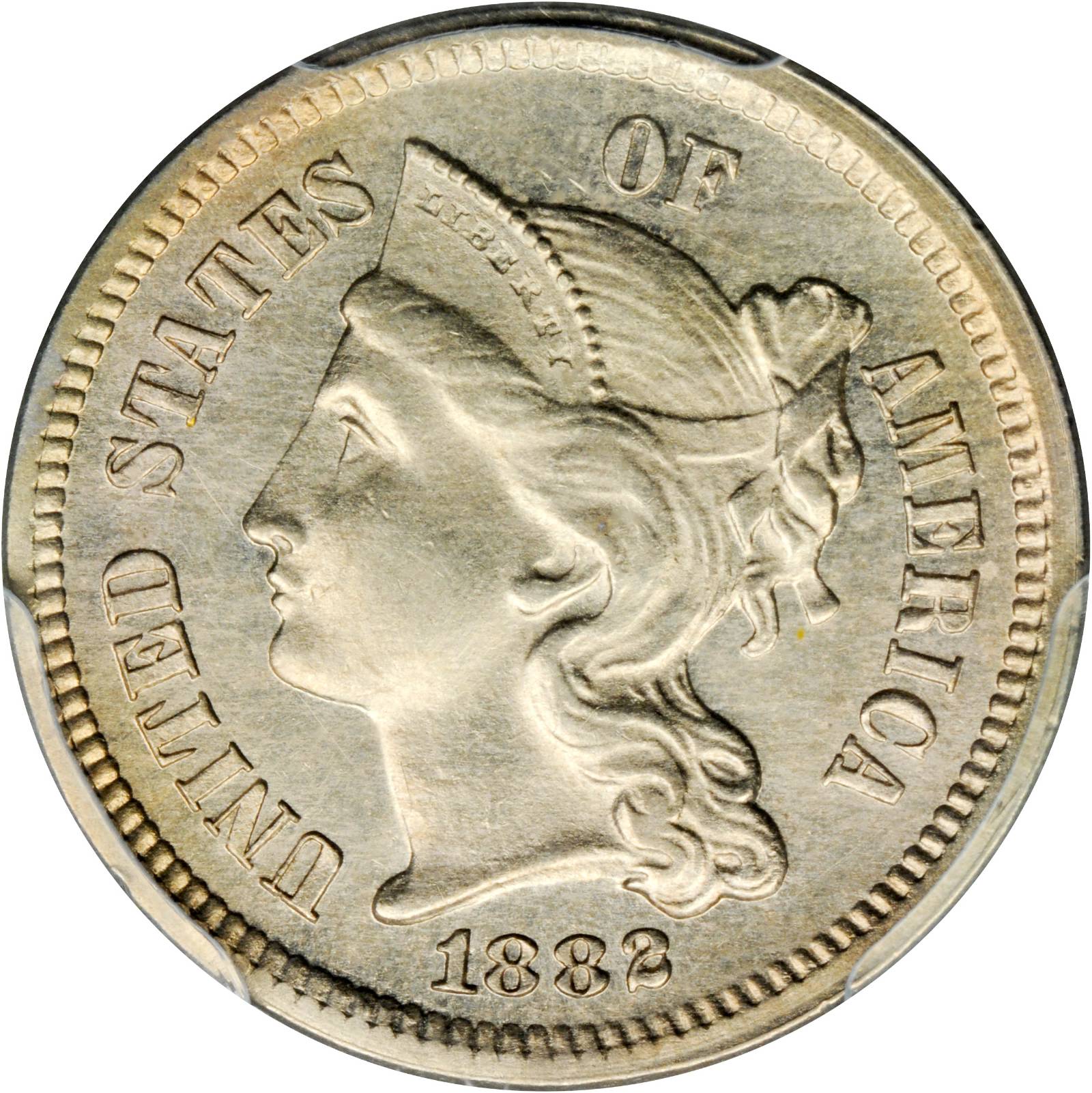 1882 Nickel Three-Cent Piece. Proof Unc Details--Cleaning (PCGS).