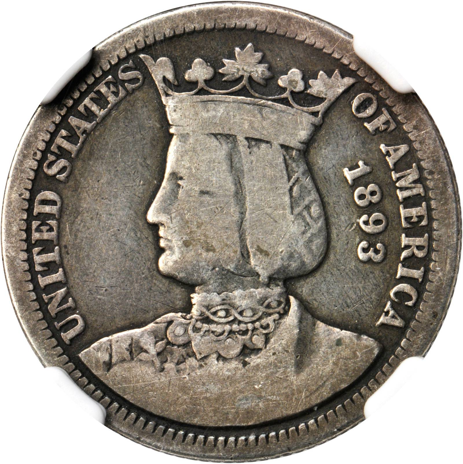 1893 Isabella Quarter. VG-10 (NGC).