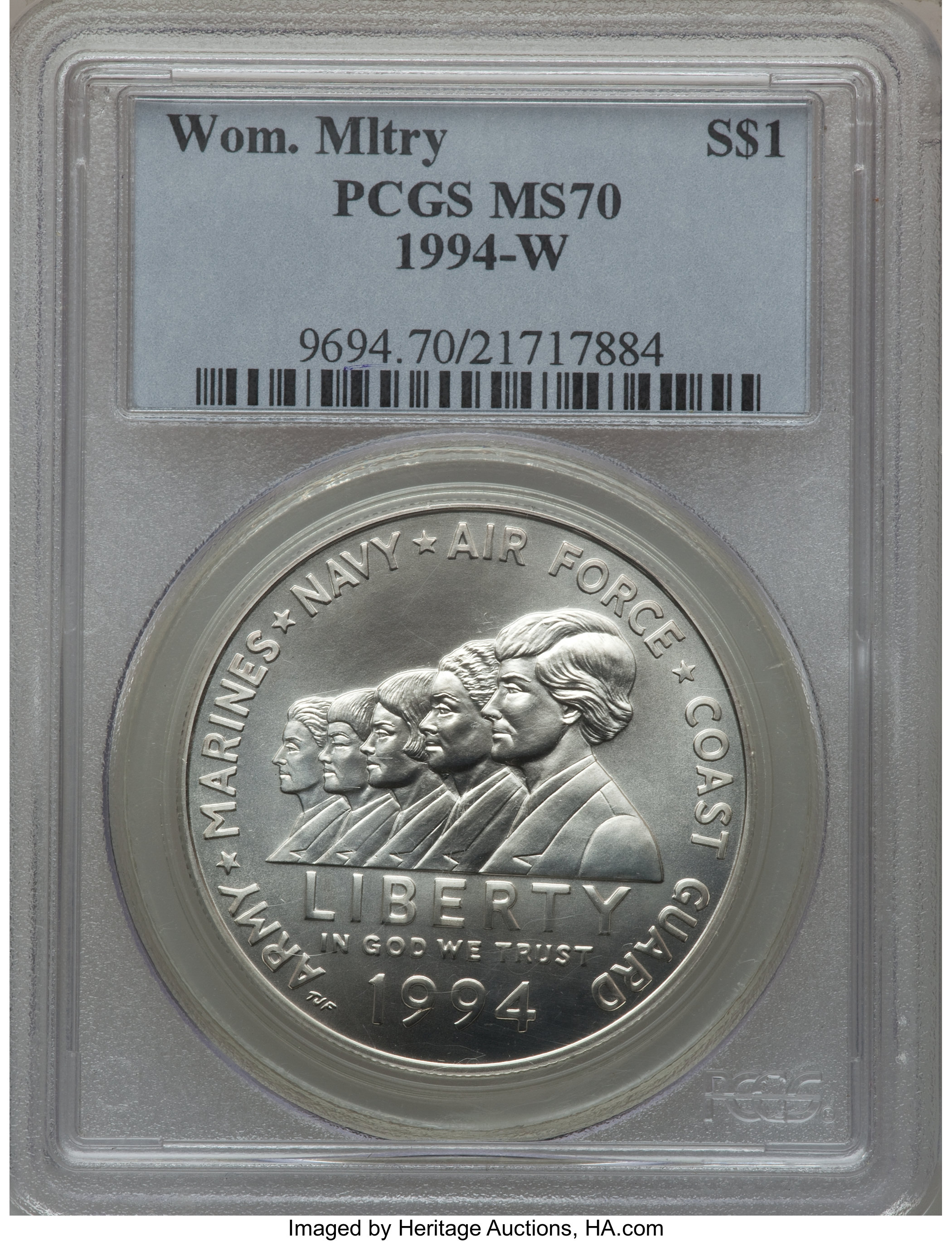 1994-W $1 Women Veterans Silver Dollar MS70 PCGS. PCGS Population (297). NGC Census: (836). Mintage: 53,054. Numismedia Wsl...