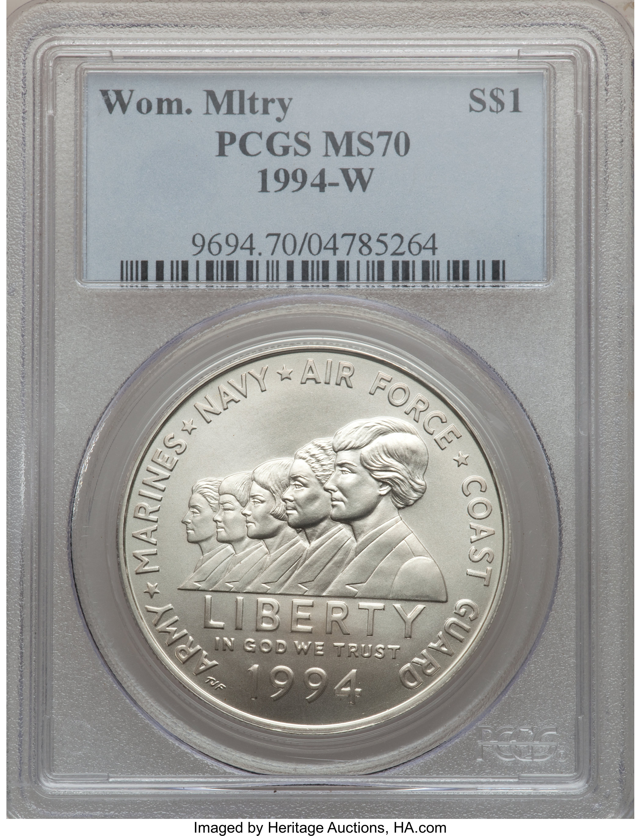 1994-W $1 Women Veterans Silver Dollar MS70 PCGS. PCGS Population (297). NGC Census: (836). Mintage: 53,054. Numismedia Wsl...