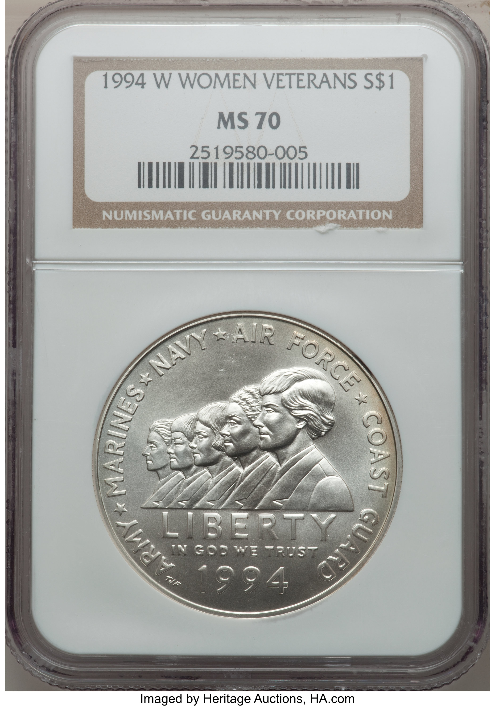1994-W $1 Women Veterans Silver Dollar MS70 NGC. NGC Census: (836). PCGS Population (297). Mintage: 53,054. Numismedia Wsl....