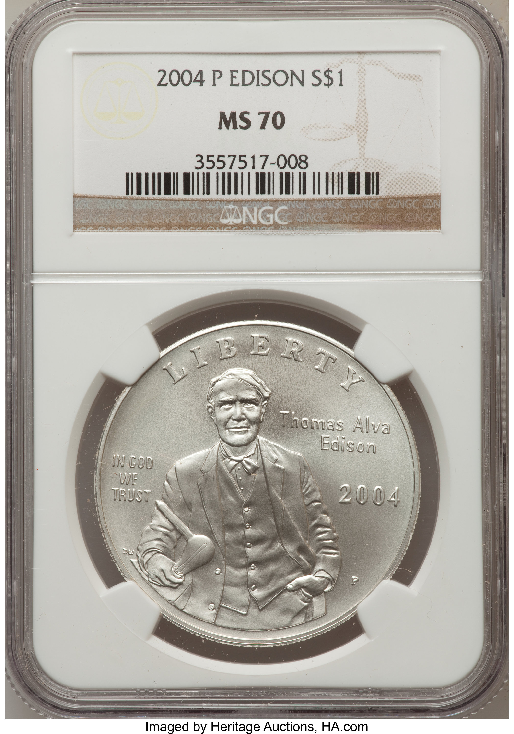 2004-P $1 Edison Silver Dollar MS70 NGC. NGC Census: (832). PCGS Population (667). Numismedia Wsl. Price for problem free ...
