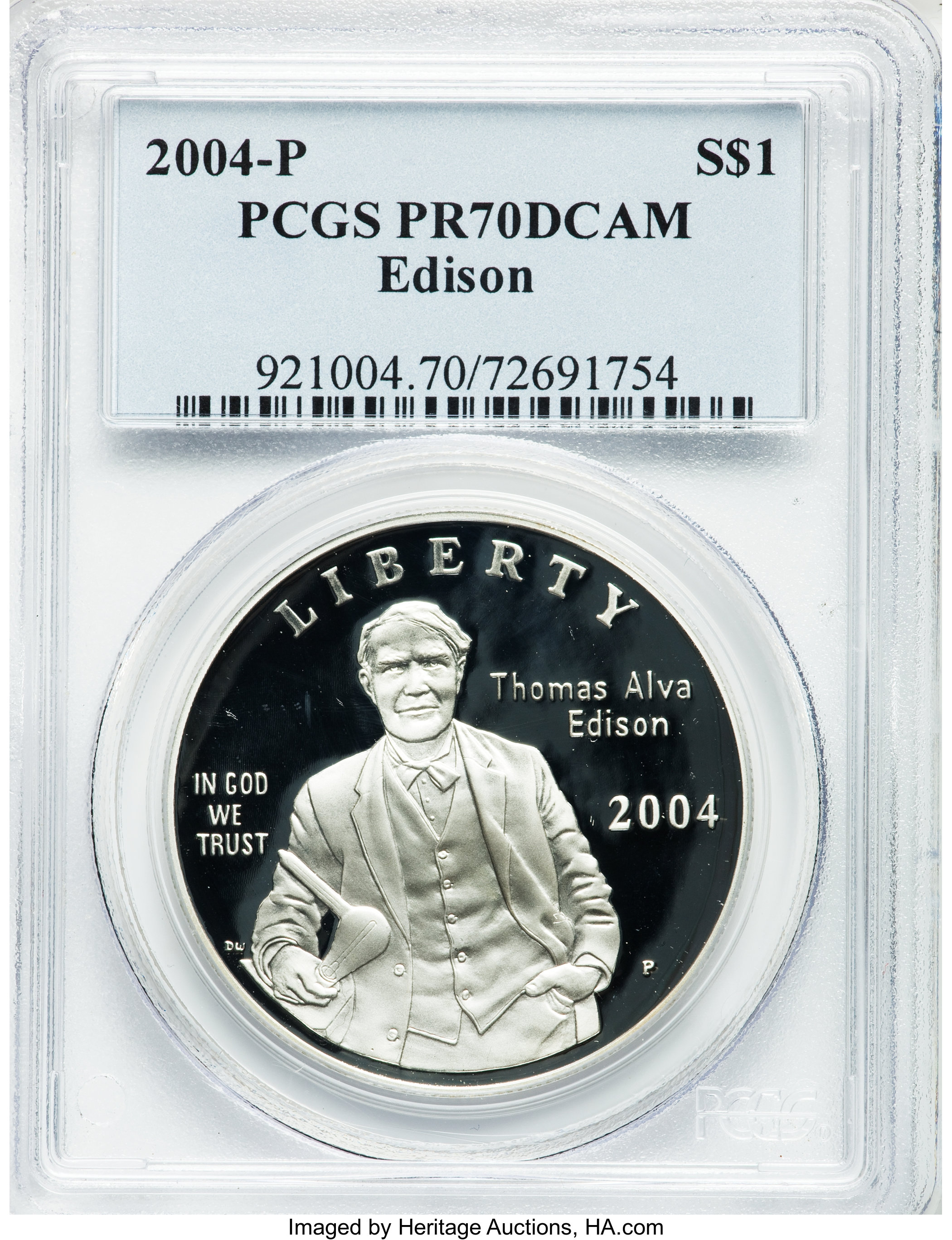 2004-P $1 Edison Silver Dollar PR70 Deep Cameo PCGS. PCGS Population (94). NGC Census: (335). Numismedia Wsl. Price for pr...