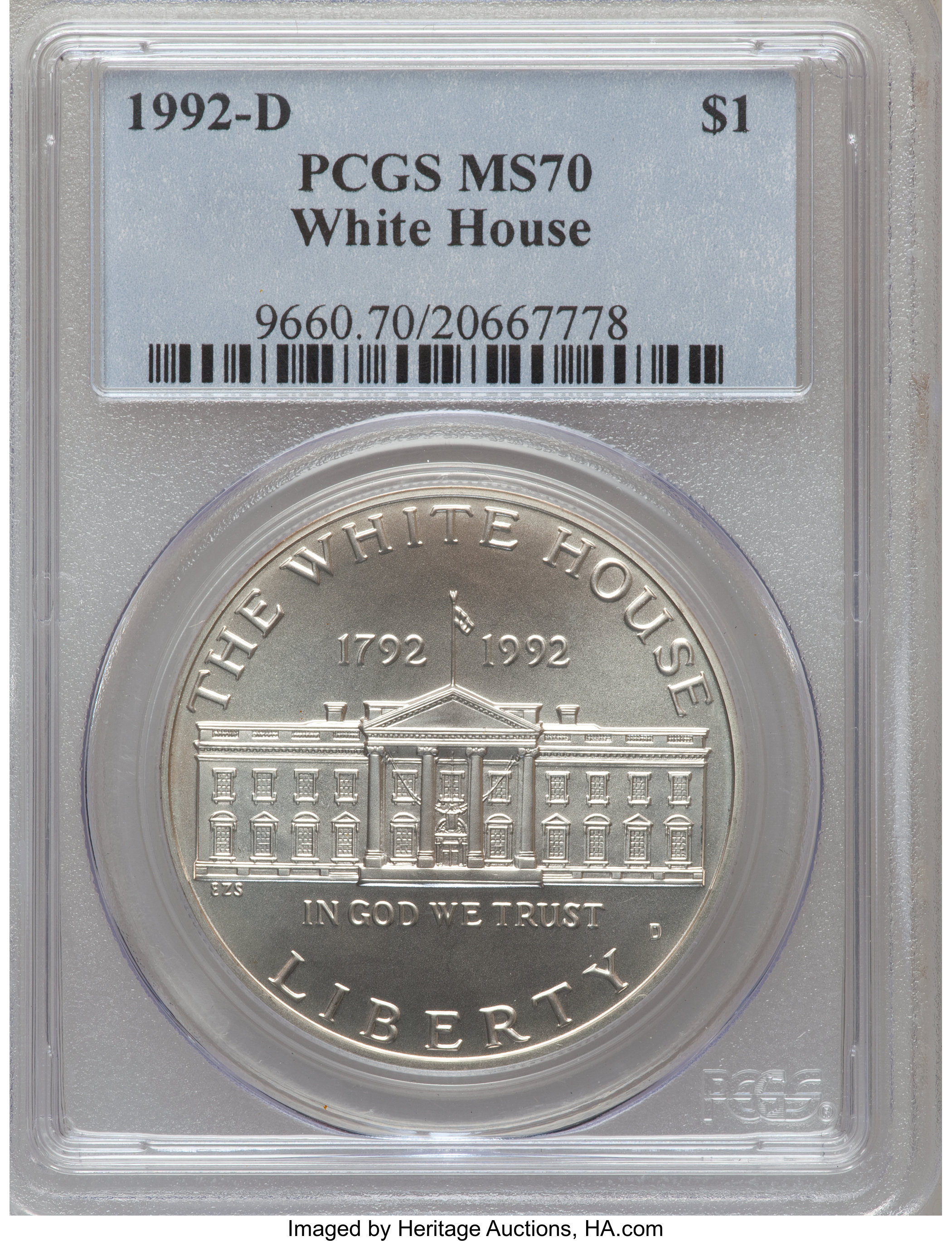 1992-D $1 White House Silver Dollar MS70 PCGS. PCGS Population (202). NGC Census: (372). Mintage: 123,803. Numismedia Wsl. ...