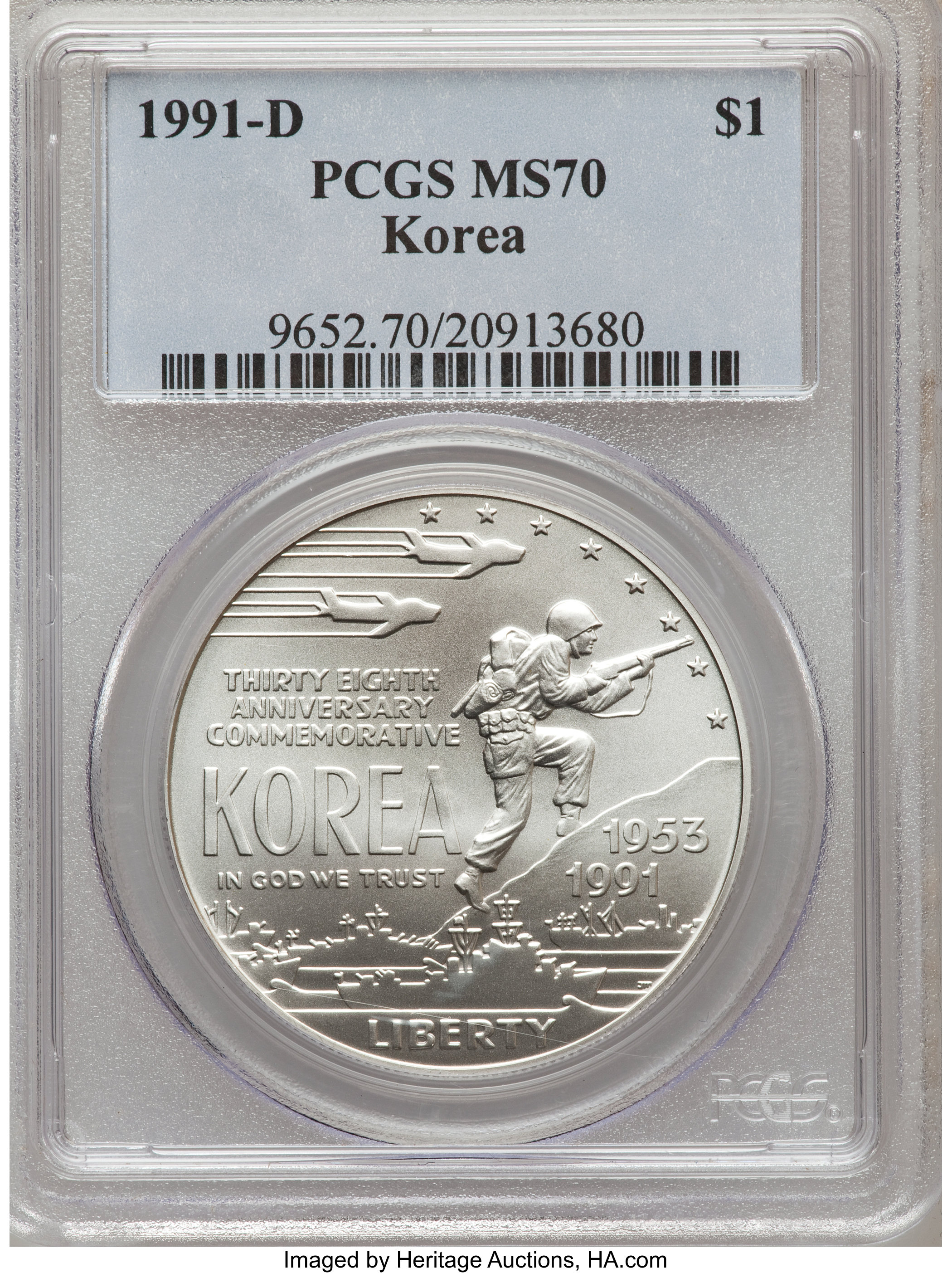1991-D $1 Korean War Silver Dollar MS70 PCGS. PCGS Population (262). NGC Census: (287). Mintage: 213,049. Numismedia Wsl. P...