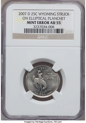 image for: 2007-D 25C Statehood Quarters Wyoming Struck on Elliptical Planchet AU55 NGC. NGC Census: (0/31). PCGS Population (0/311). ...
