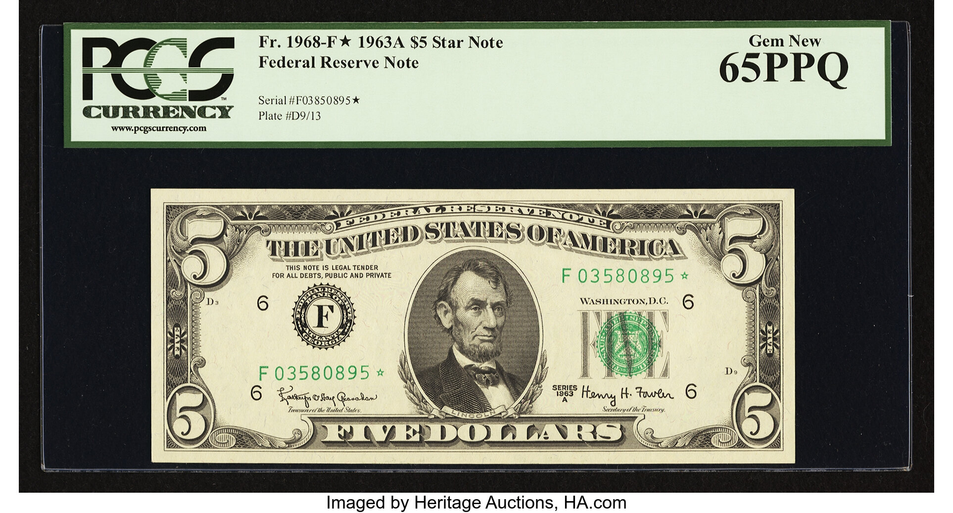 image for: Fr. 1968-F $5 1963A Federal Reserve Star Note. PCGS Gem New 65PPQ....
