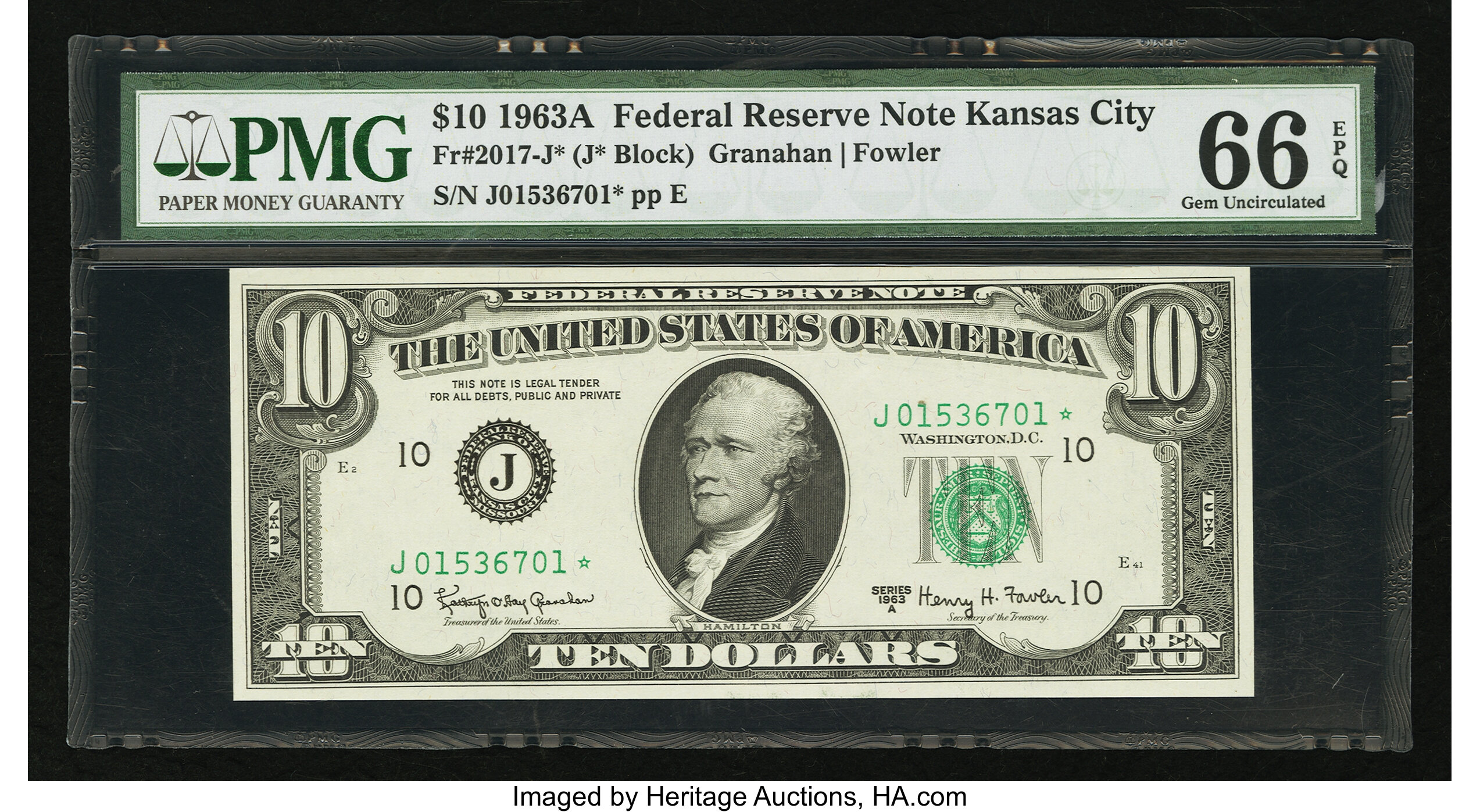 image for: Fr. 2017-J* $10 1963A Federal Reserve Star Note. PMG Gem Uncirculated 66 EPQ....