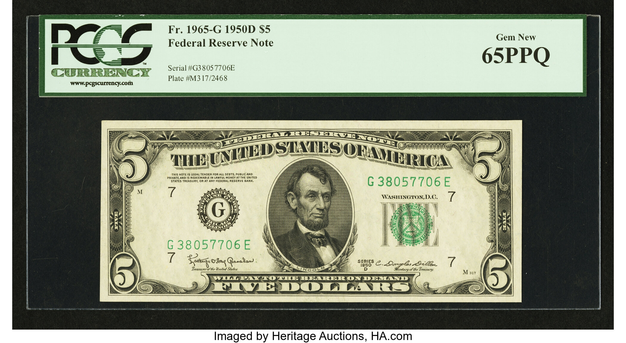 image for: Fr. 1965-G $5 1950D Federal Reserve Note. PCGS Gem New 65PPQ....