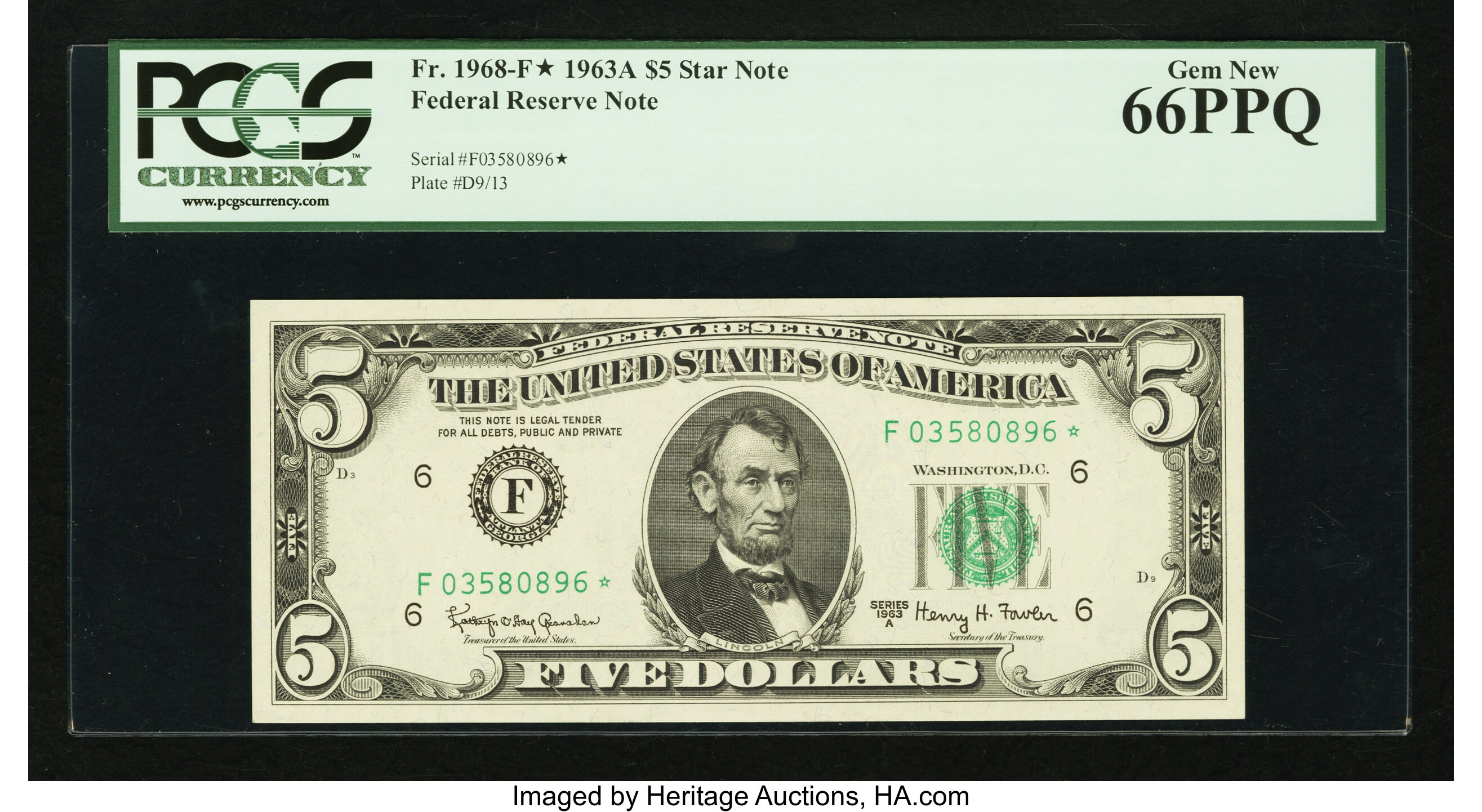 image for: Fr. 1968-F* $5 1963A Federal Reserve Star Note. PCGS Gem New 66PPQ....