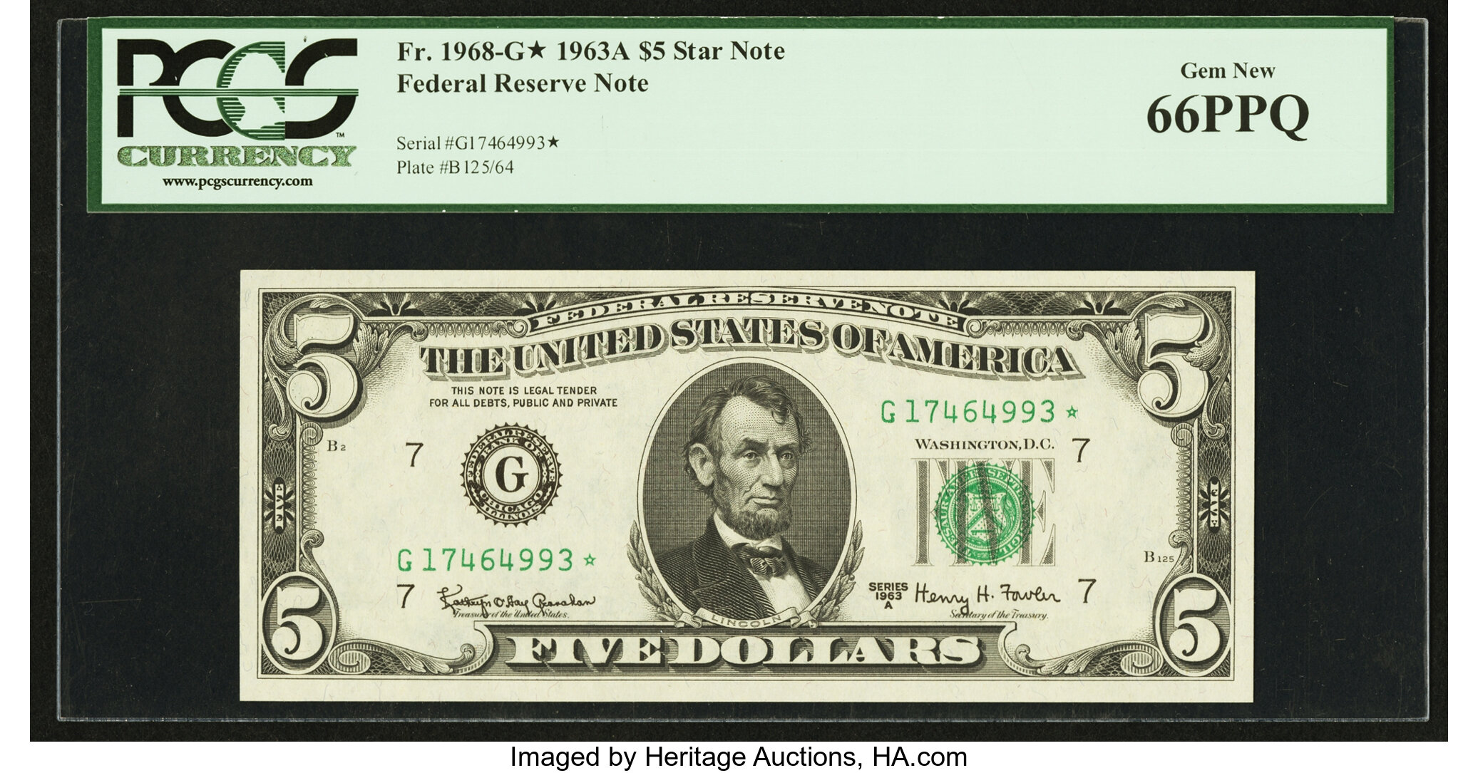 image for: Fr. 1968-G* $5 1963A Federal Reserve Note. PCGS Gem New 66PPQ....