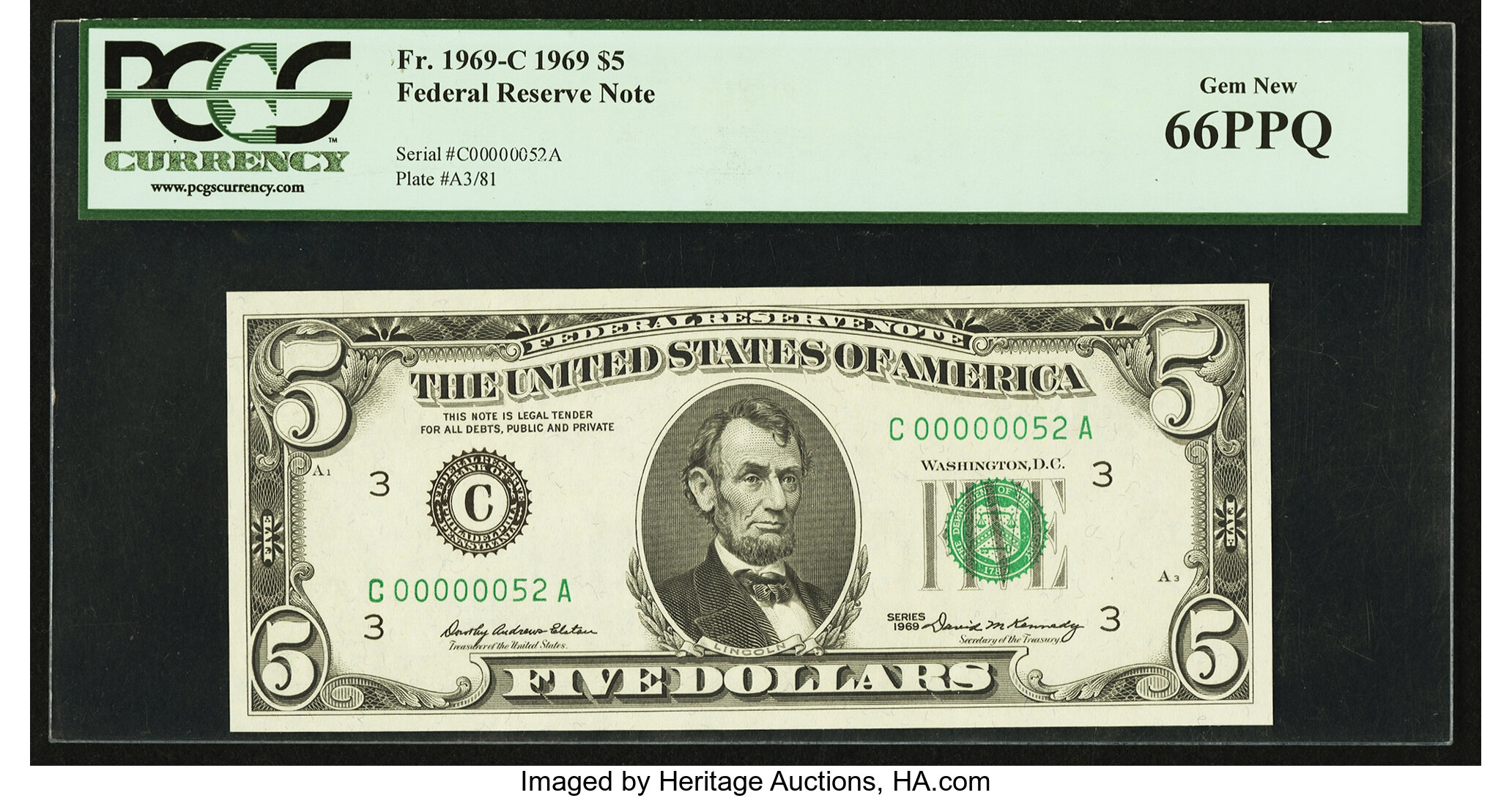 image for: Low Serial Number Fr. 1969-C $5 1969 Federal Reserve Note. PCGS Gem New 66PPQ....