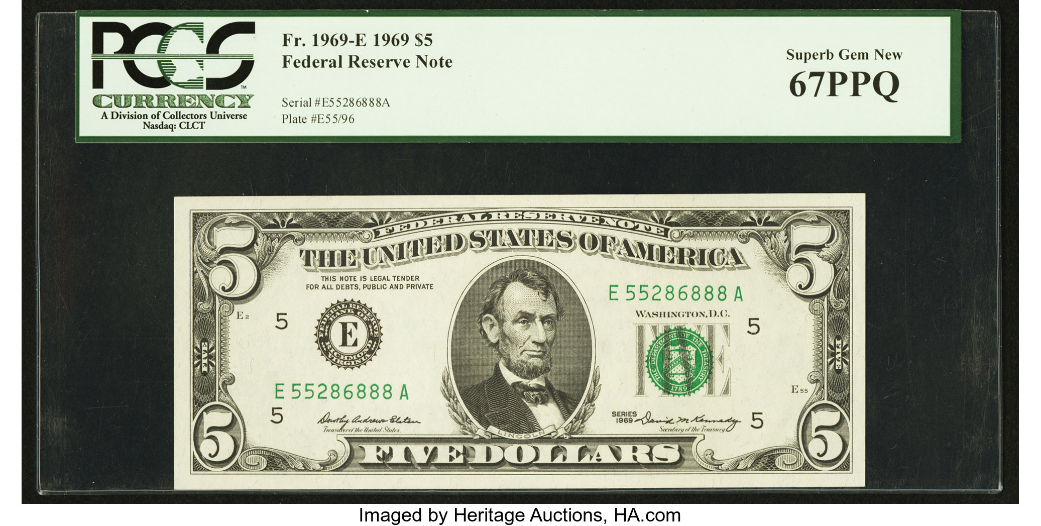 image for: Fr. 1969-E $5 1969 Federal Reserve Note. PCGS Superb Gem New 67PPQ....