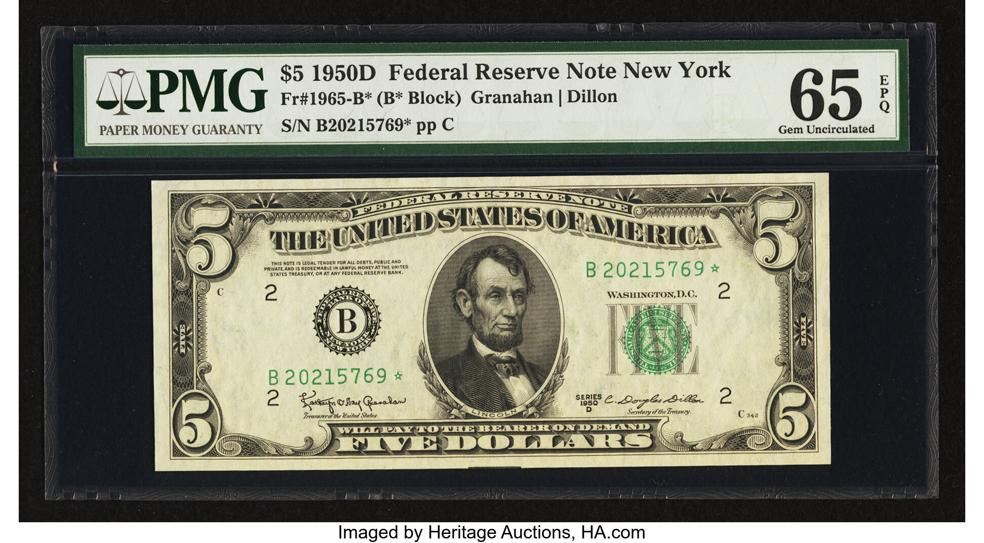 image for: Fr. 1965-B* $5 1950D Federal Reserve Star Note. PMG Gem Uncirculated 65 EPQ....