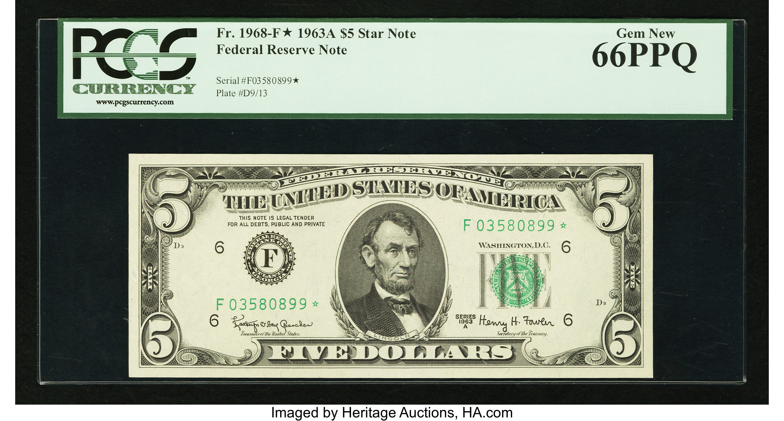 image for: Fr. 1968-F* $5 1963A Federal Reserve Star Note. PCGS Gem New 66PPQ....