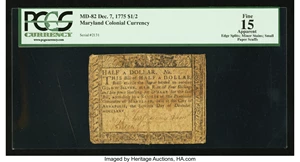 image for: Maryland December 7, 1775 $1/2 PCGS Apparent Fine 15....