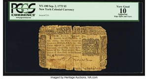 image for: New York September 2, 1775 $5 PCGS Apparent Very Good 10....