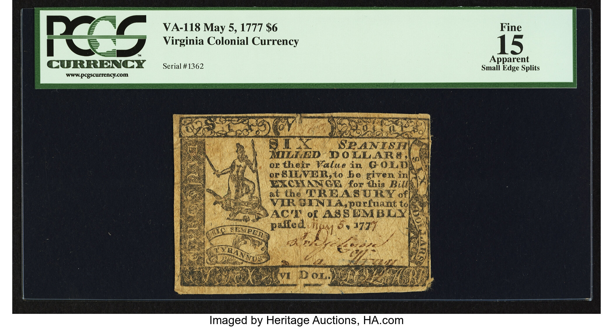 image for: Virginia May 5, 1777 $6 PCGS Apparent Fine 15....