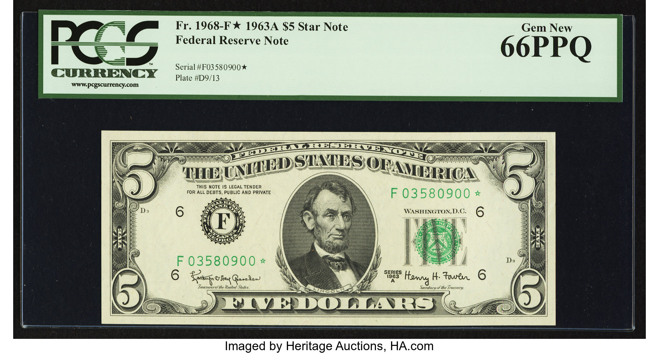image for: Fr. 1968-F* $5 1963A Federal Reserve Star Note. PCGS Gem New 66PPQ....