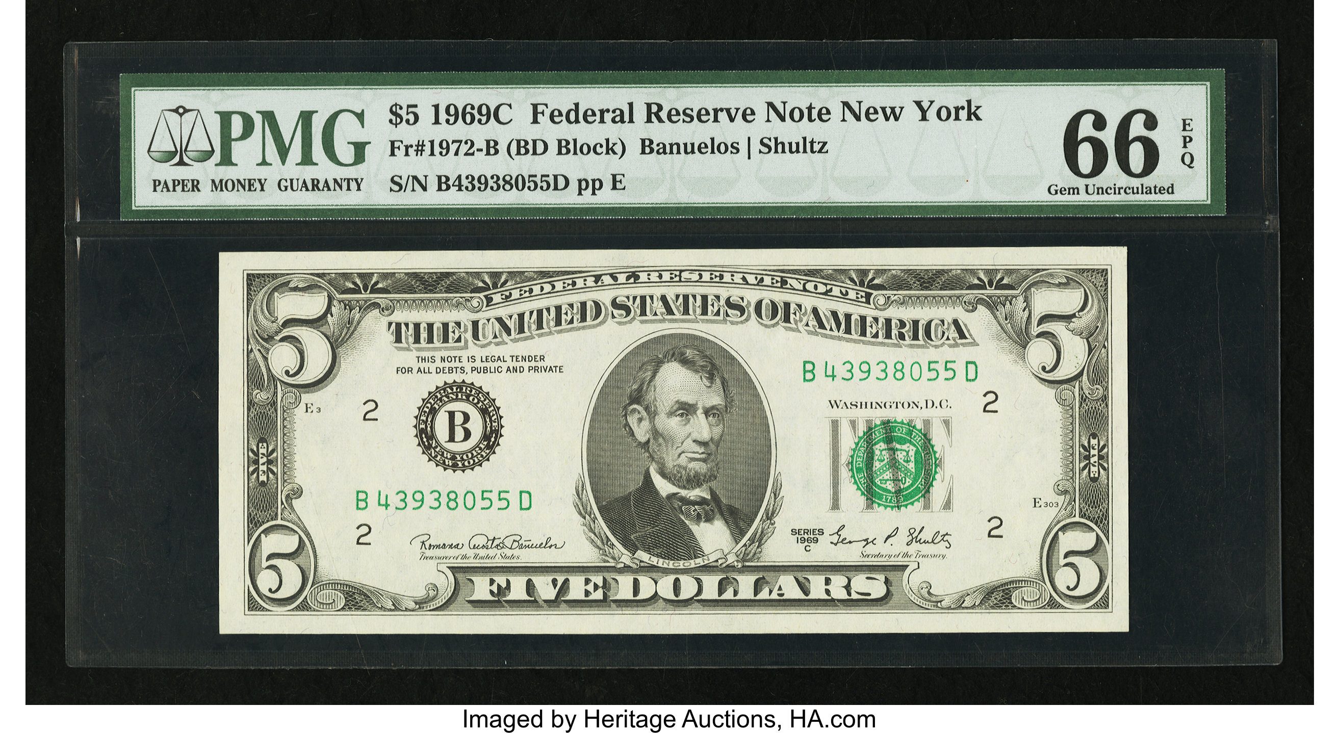 image for: Fr. 1972-B $5 1969C Federal Reserve Note. PMG Gem Uncirculated 66 EPQ....