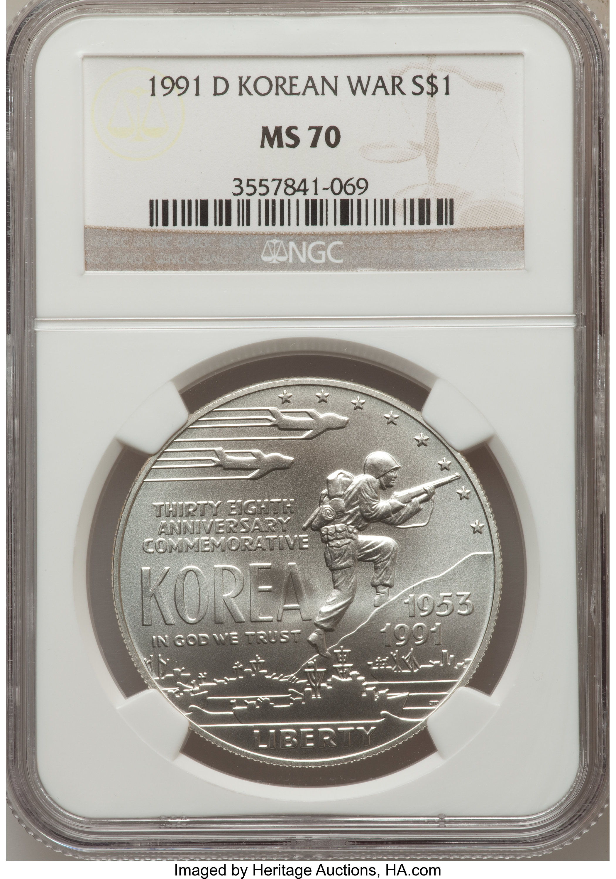 1991-D $1 Korean War Silver Dollar MS70 NGC. NGC Census: (284). PCGS Population (261). Mintage: 213,049. Numismedia Wsl. Pr...