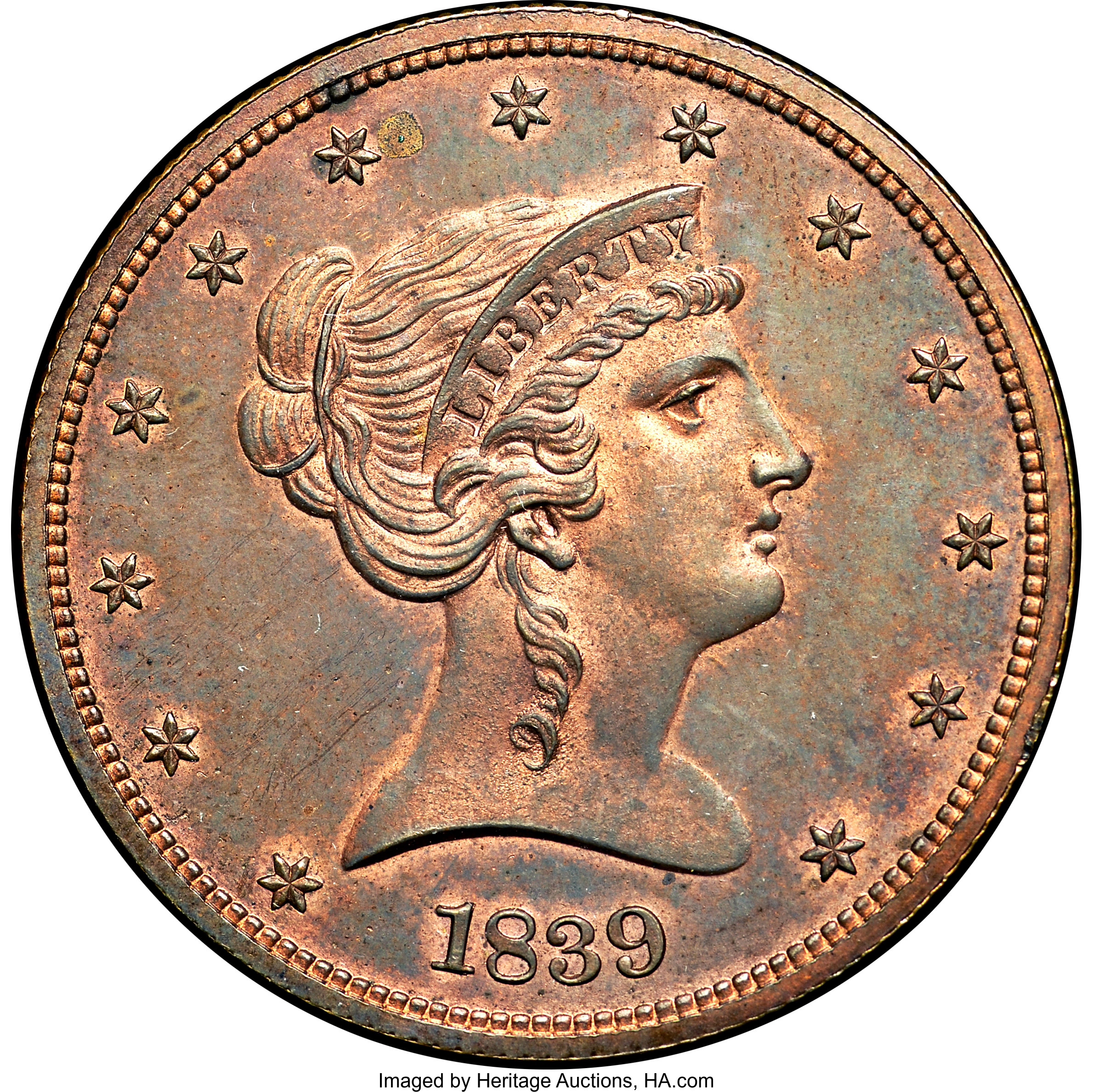 image for: 1839 P50C Half Dollar, Judd-98 Restrike, Pollock-108, High R.7, PR66 Red and Brown NGC. CAC....