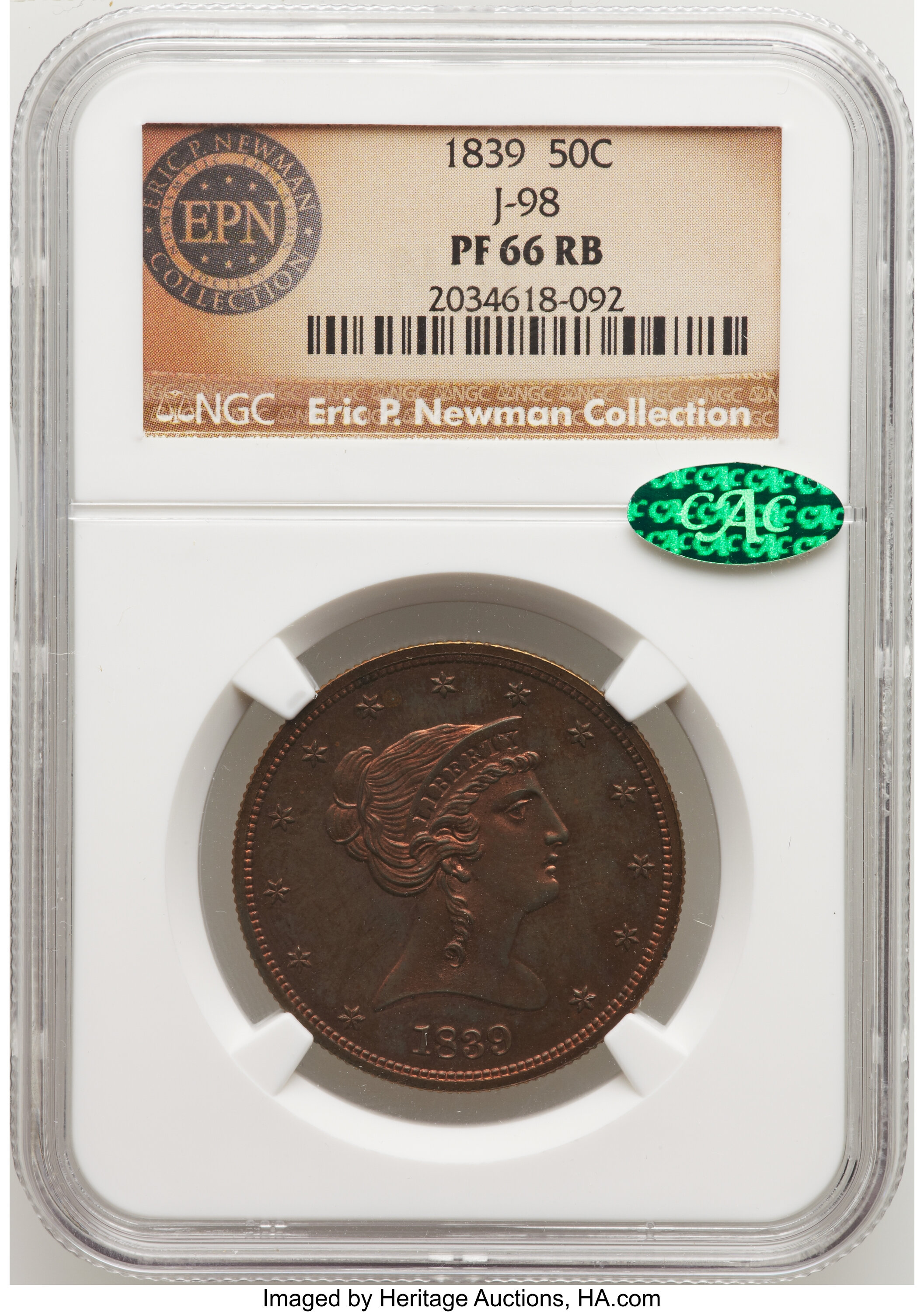 image for: 1839 P50C Half Dollar, Judd-98 Restrike, Pollock-108, High R.7, PR66 Red and Brown NGC. CAC....