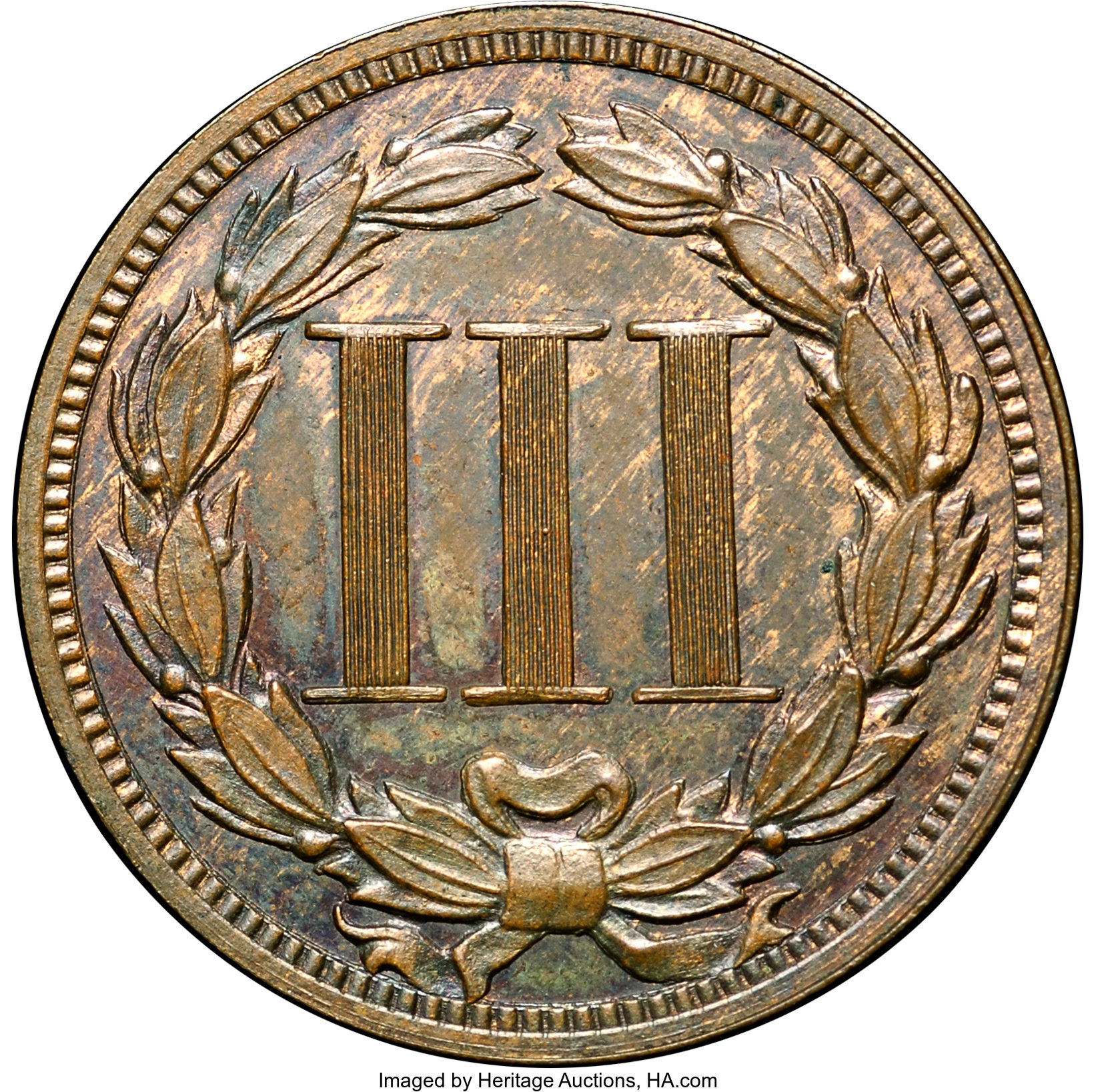 image for: 1865 3C Three Cent Nickel, Judd-411, Pollock-482, R.7, PR63 Brown NGC....
