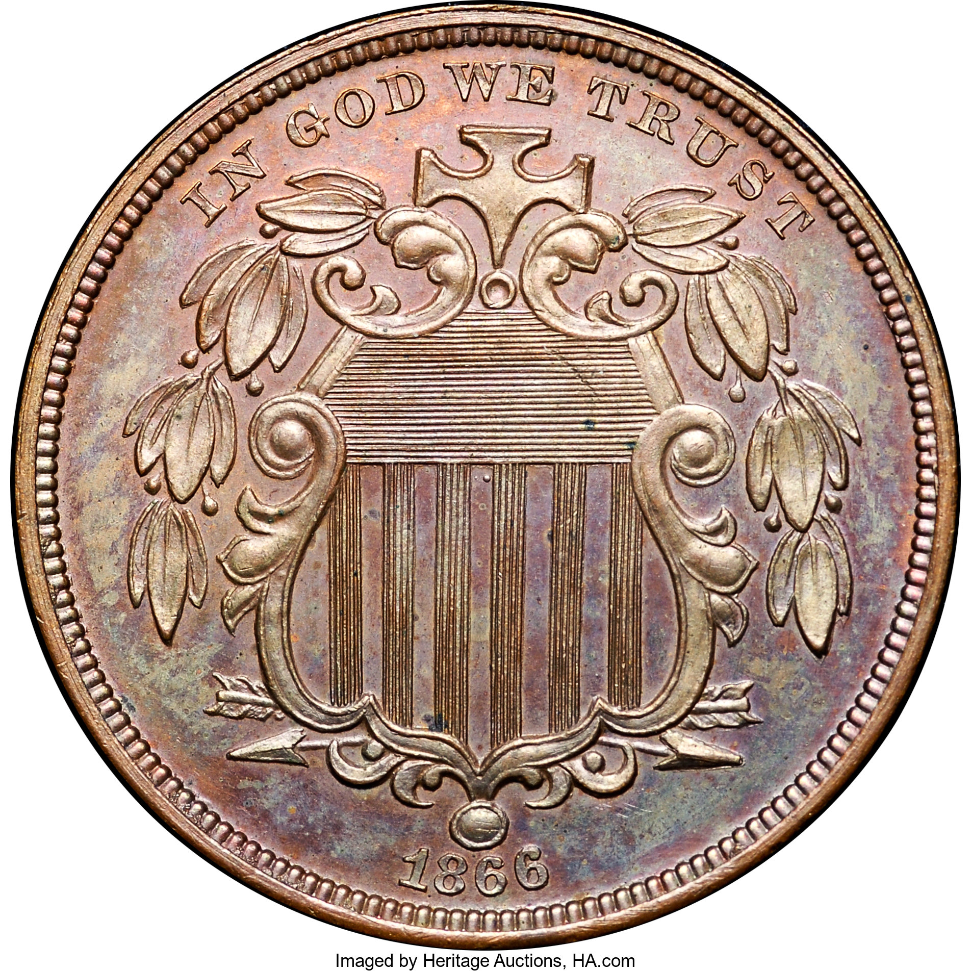 image for: 1866 5C Shield Five Cents, Judd-508, Pollock-592, High R.6, PR64 Brown NGC. CAC....