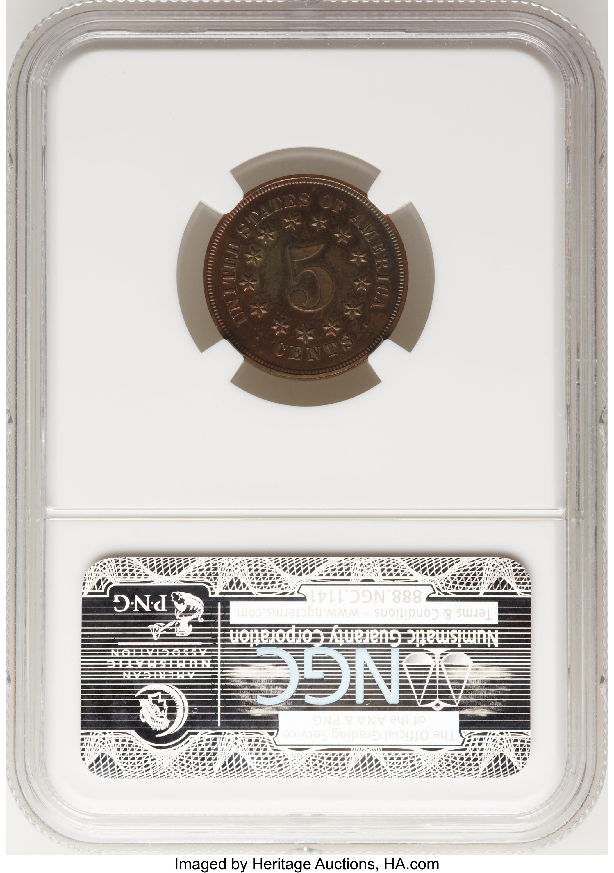 image for: 1866 5C Shield Five Cents, Judd-508, Pollock-592, High R.6, PR64 Brown NGC. CAC....