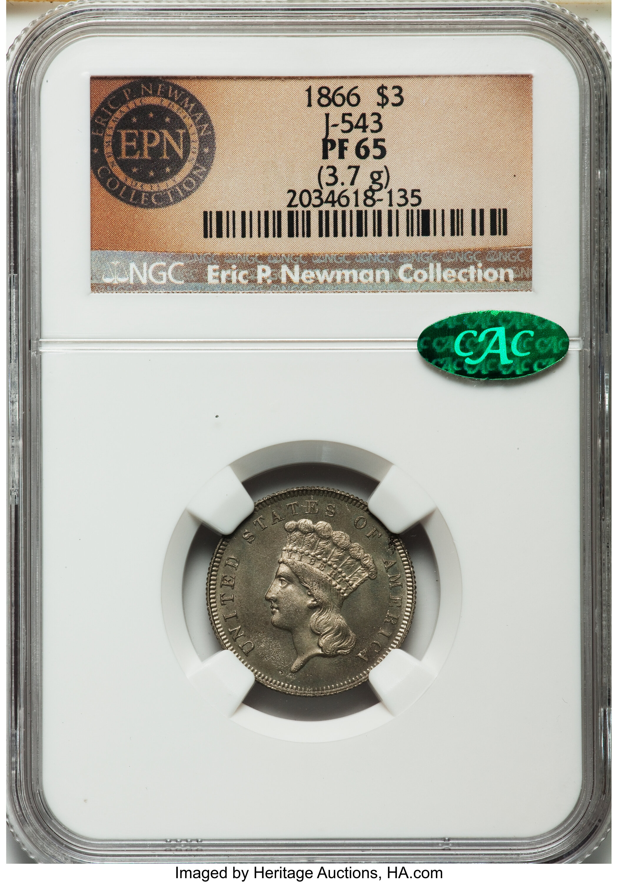 image for: 1866 $3 Three Dollar, Judd-543, Pollock-608, High R.7, PR65 NGC. CAC....