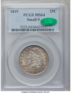 image for: 1819 25C Small 9 MS64 PCGS. CAC. B-3, R.1....