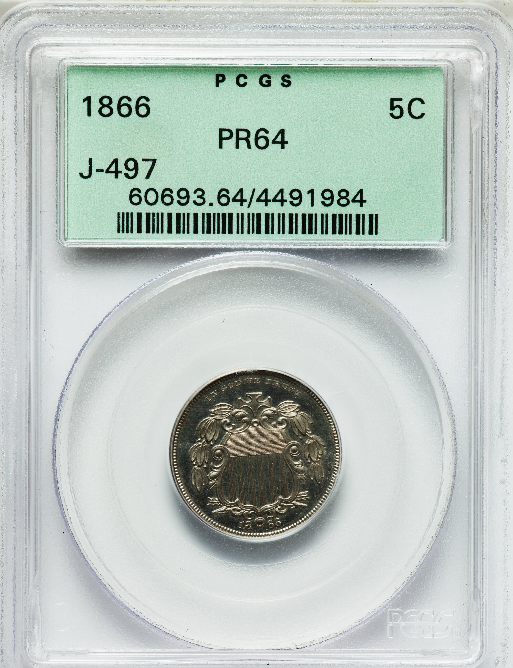 image for: 1866 5C Shield Five Cents, Judd-497, Pollock-583, High R.7, PR64 PCGS....
