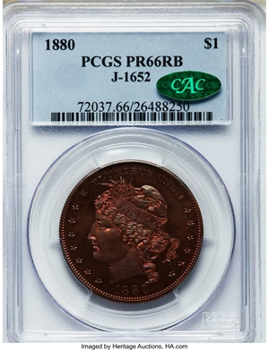 image for: 1880 $1 Goloid Metric Dollar, Judd-1652, Pollock-1852, High R.6, PR66 Red and Brown PCGS. CAC....