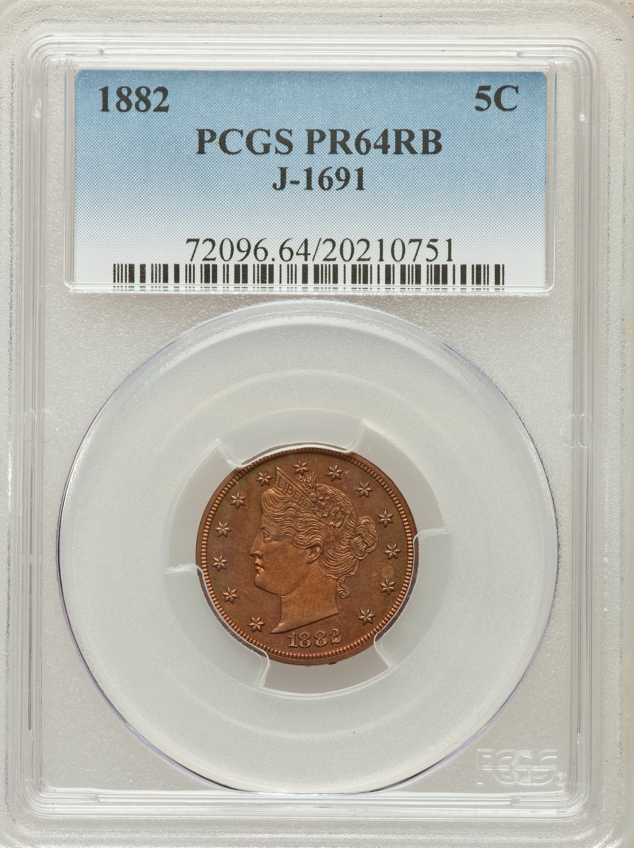 image for: 1882 5C Liberty Head Five Cents, Judd-1691, Pollock-1893, R.6, PR64 Red and Brown PCGS....