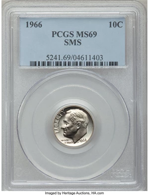 image for: 1966 10C SMS MS69 PCGS. PCGS Population (4/0). NGC Census: (0/0). Mintage: 2,260,000. Numismedia Wsl. Price for problem fre...
