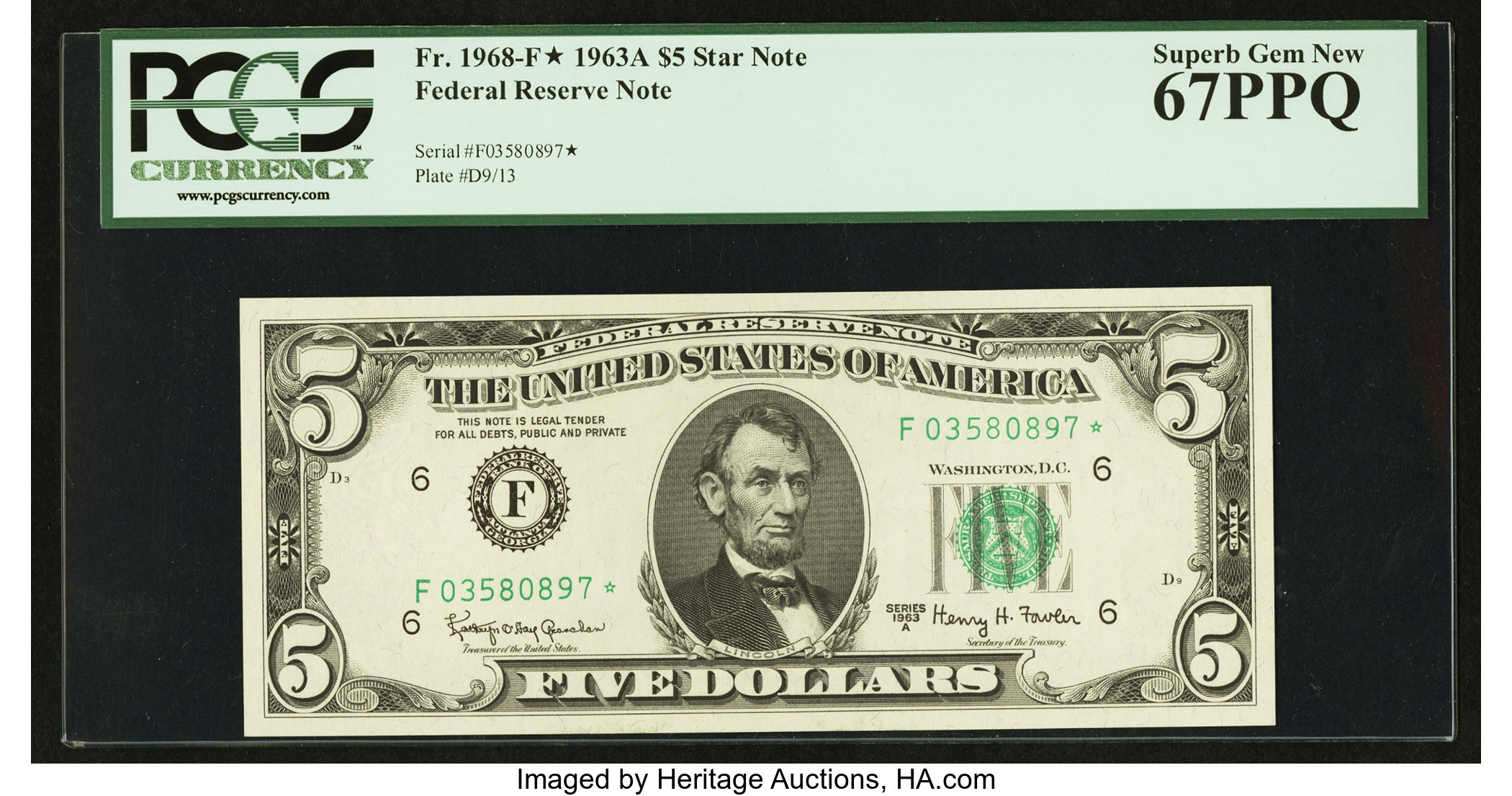 image for: Fr. 1968-F* $5 1963A Federal Reserve Star Note. PCGS Superb Gem New 67PPQ....