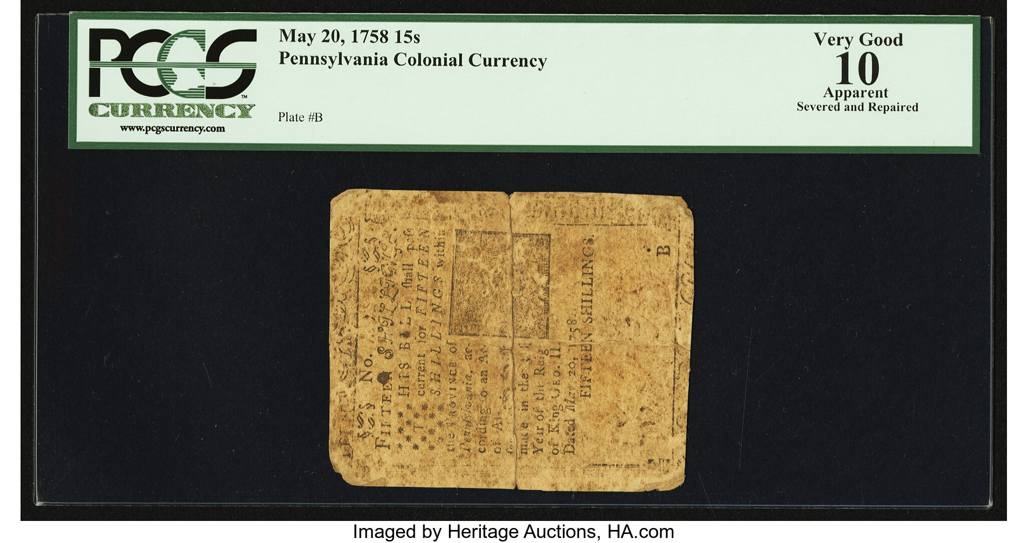 image for: Pennsylvania May 20, 1758 15s PCGS Apparent Very Good 10....