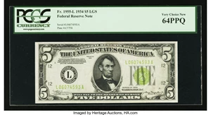 image for: Fr. 1955-L $5 1934 Light Green Seal Federal Reserve Note. PCGS Very Choice New 64PPQ....