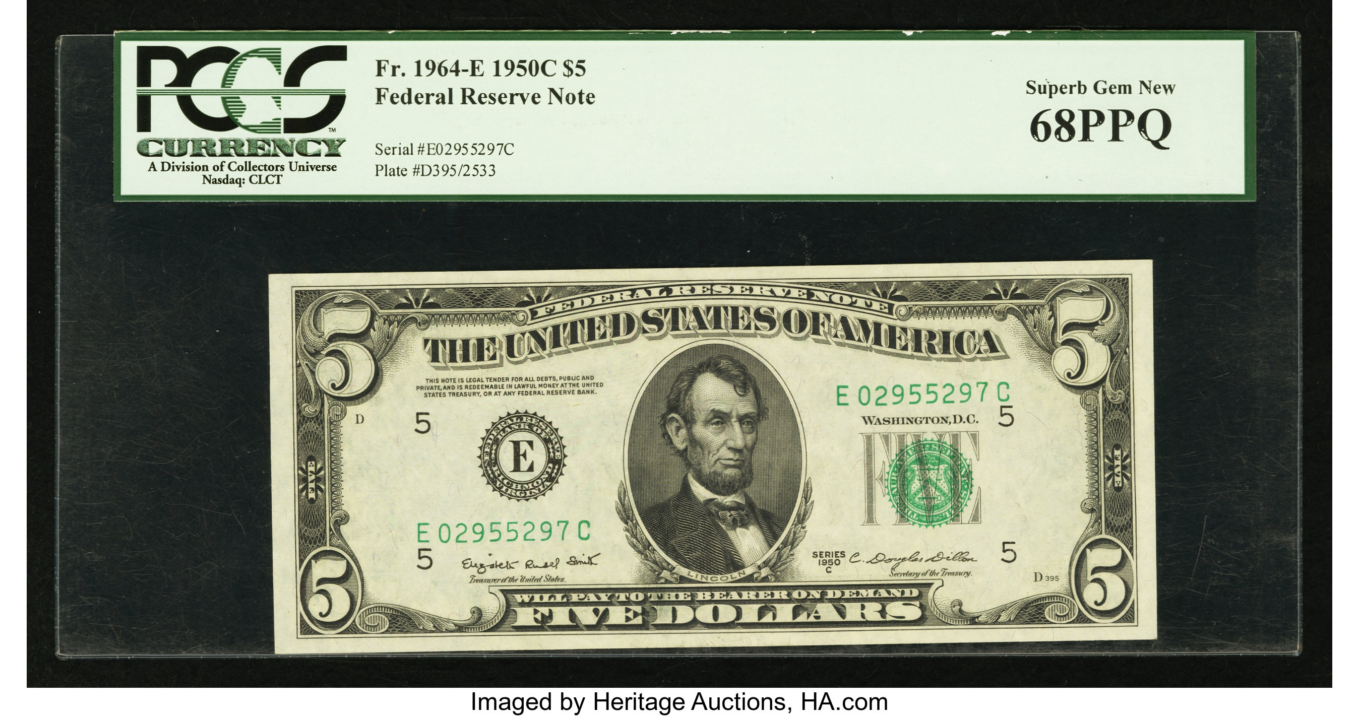 image for: Fr. 1964-E $5 1950C Federal Reserve Note. PCGS Superb Gem New 68PPQ....