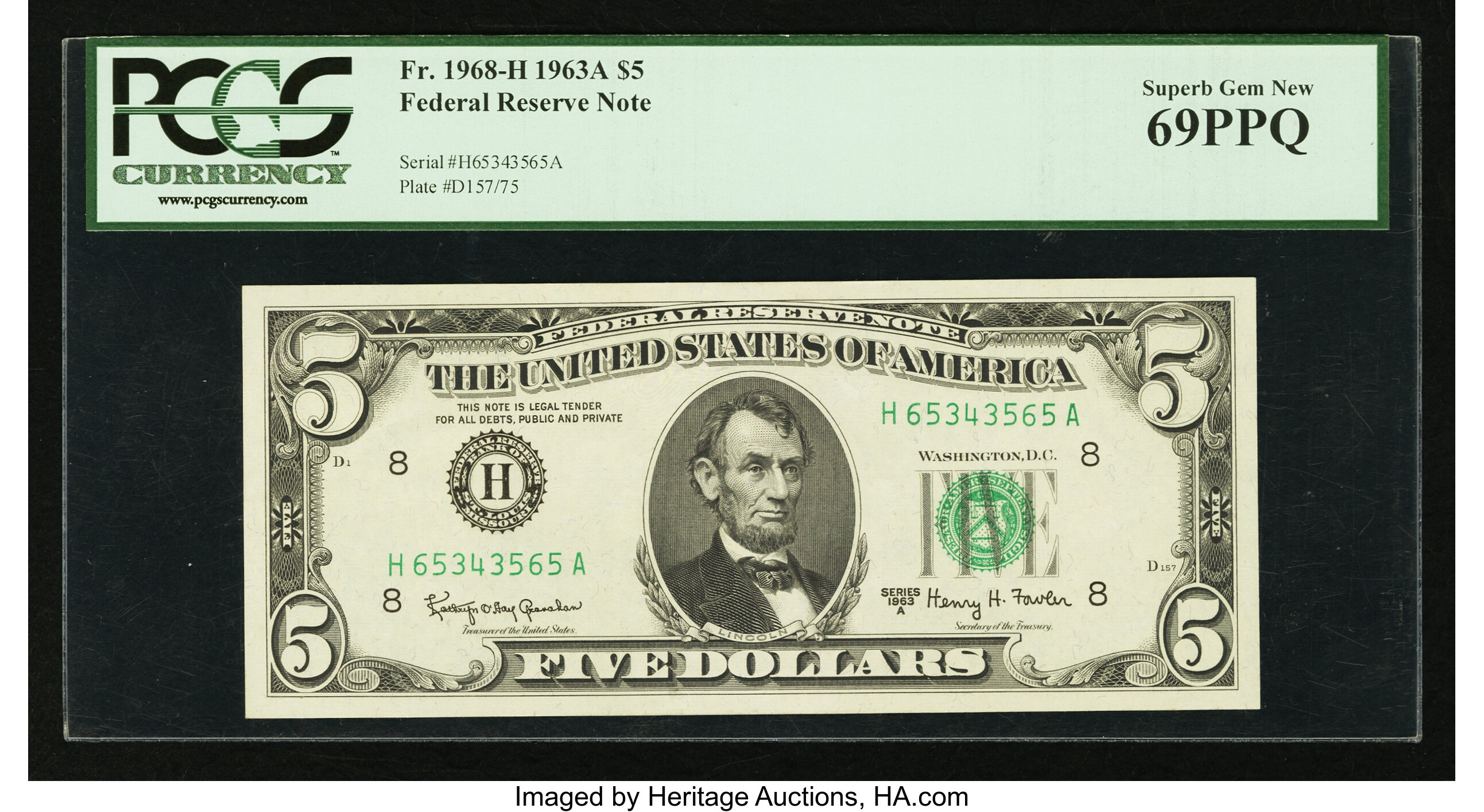 image for: Fr. 1968-H $5 1963A Federal Reserve Note. PCGS Superb Gem New 69PPQ....