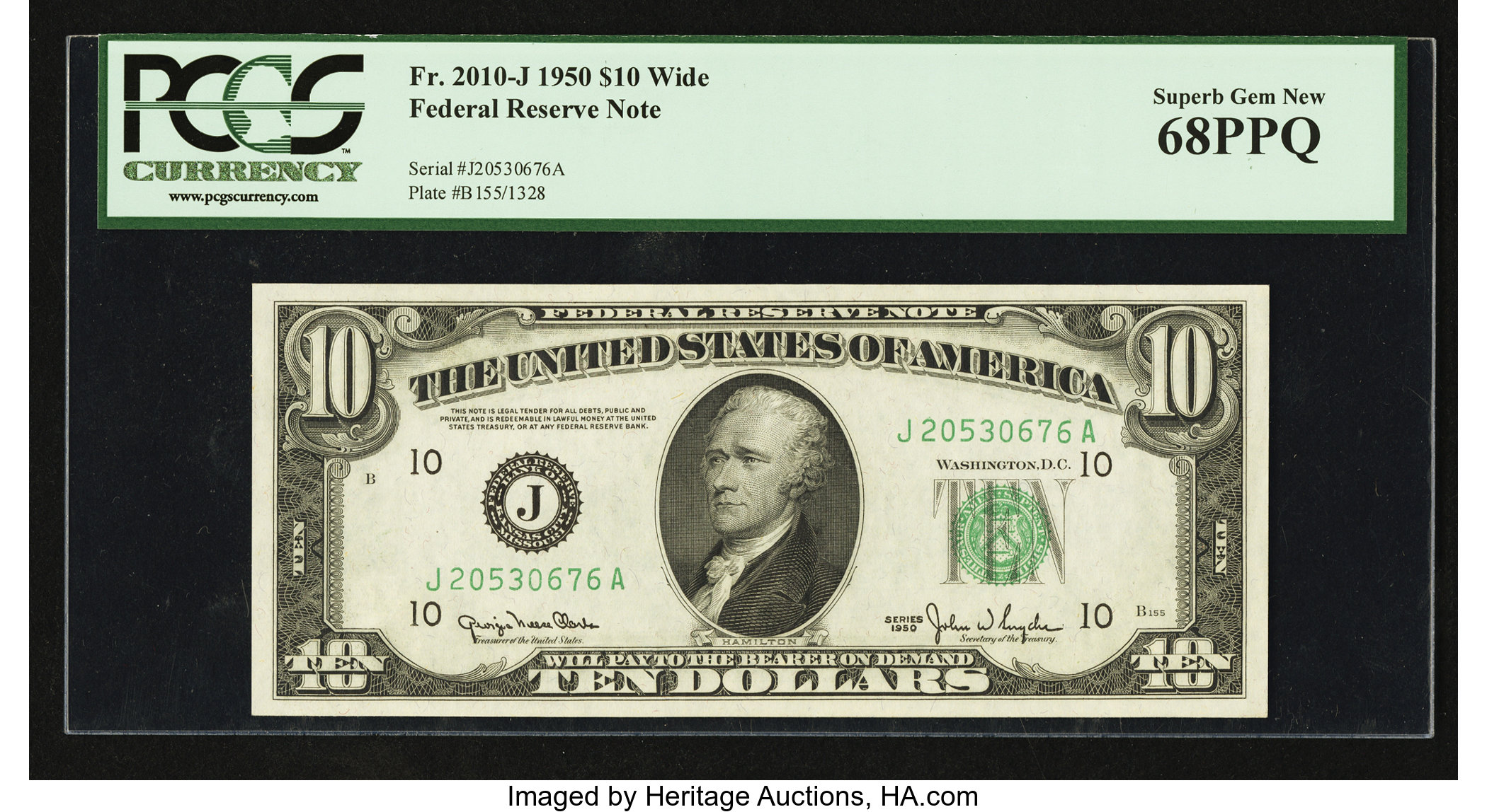 image for: Fr. 2010-J $10 Wide 1950 Federal Reserve Note. PCGS Superb Gem New 68PPQ....