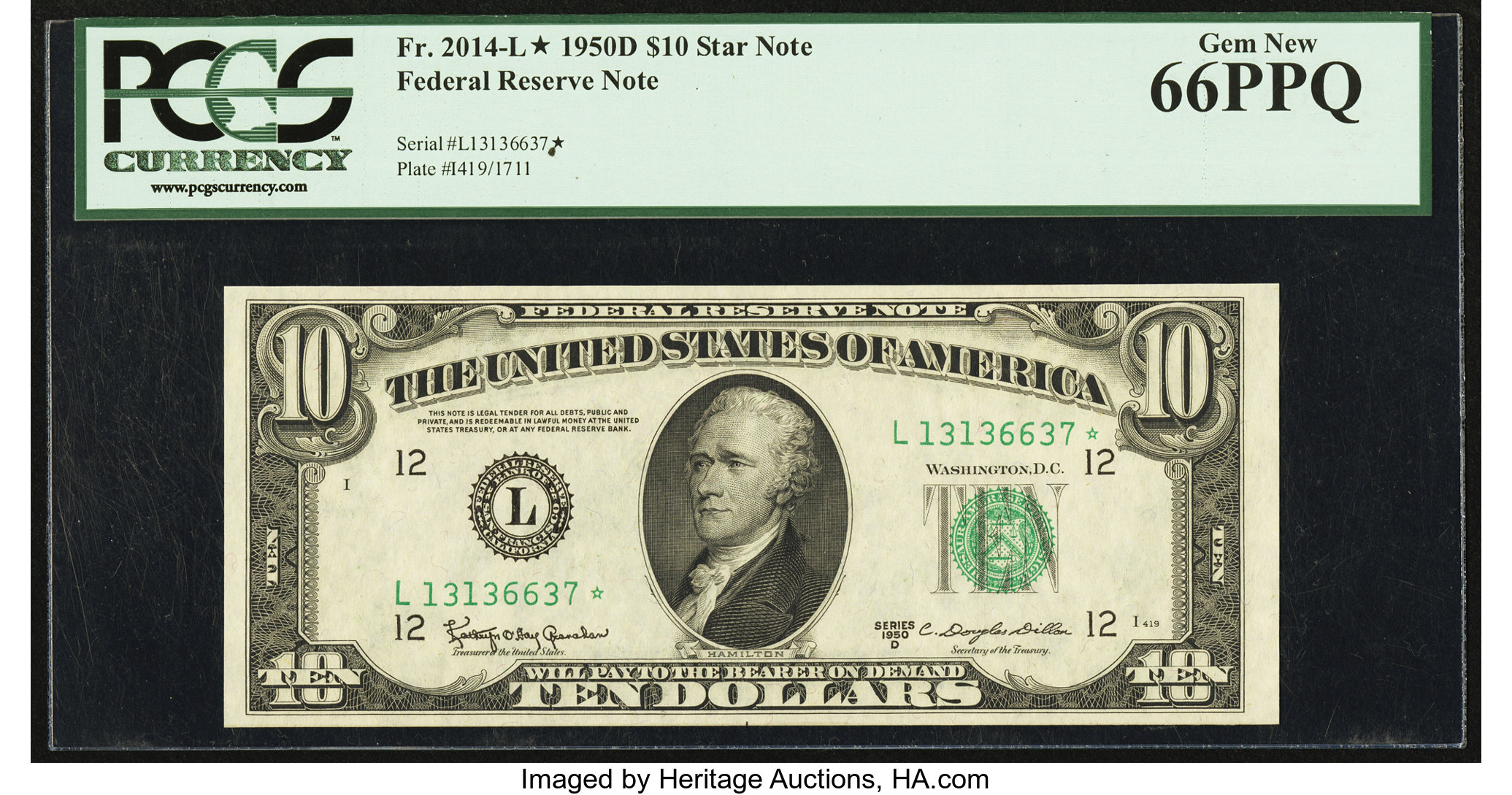 image for: Fr. 2014-L* $10 1950D Federal Reserve Note. PCGS Gem New 66PPQ....
