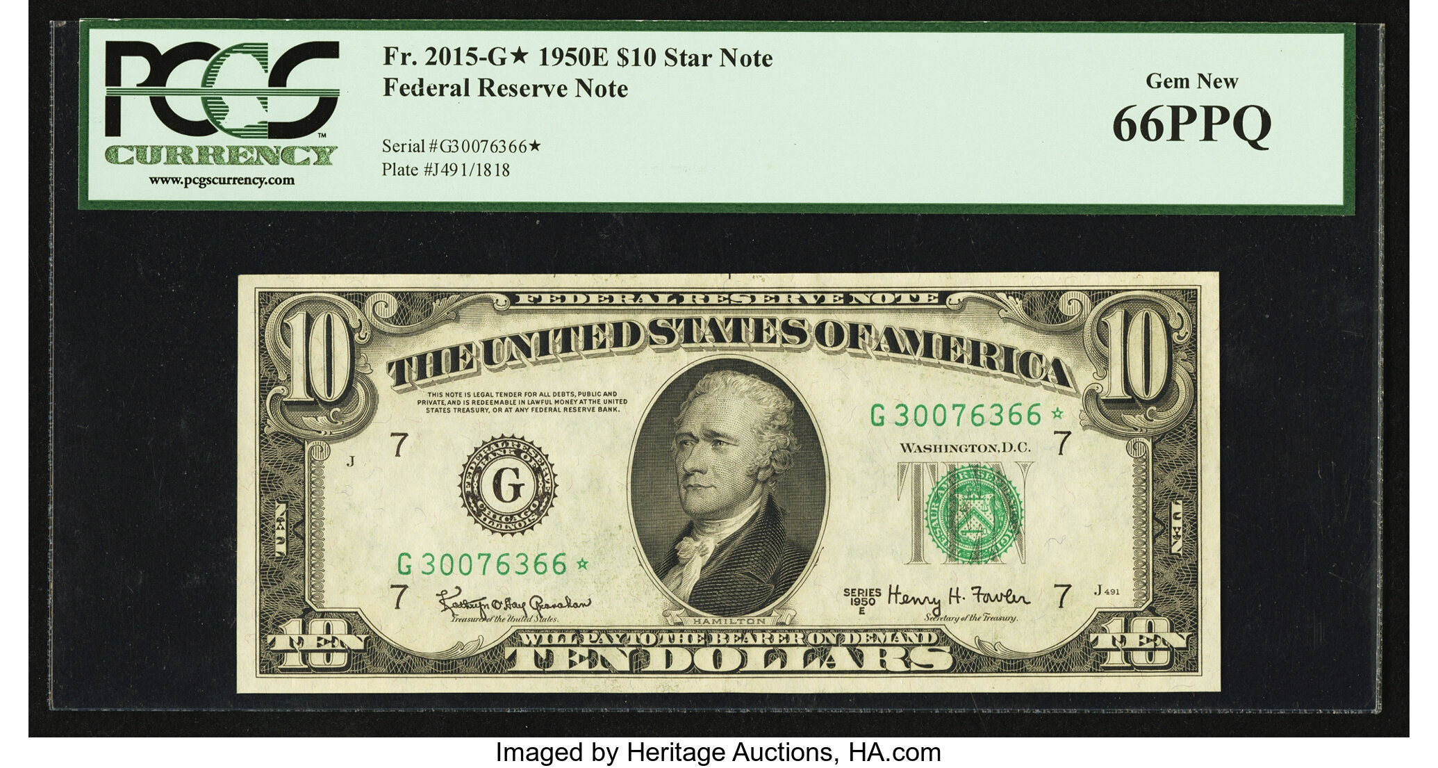image for: Fr. 2015-G* $10 1950E Federal Reserve Note. PCGS Gem New 66PPQ....