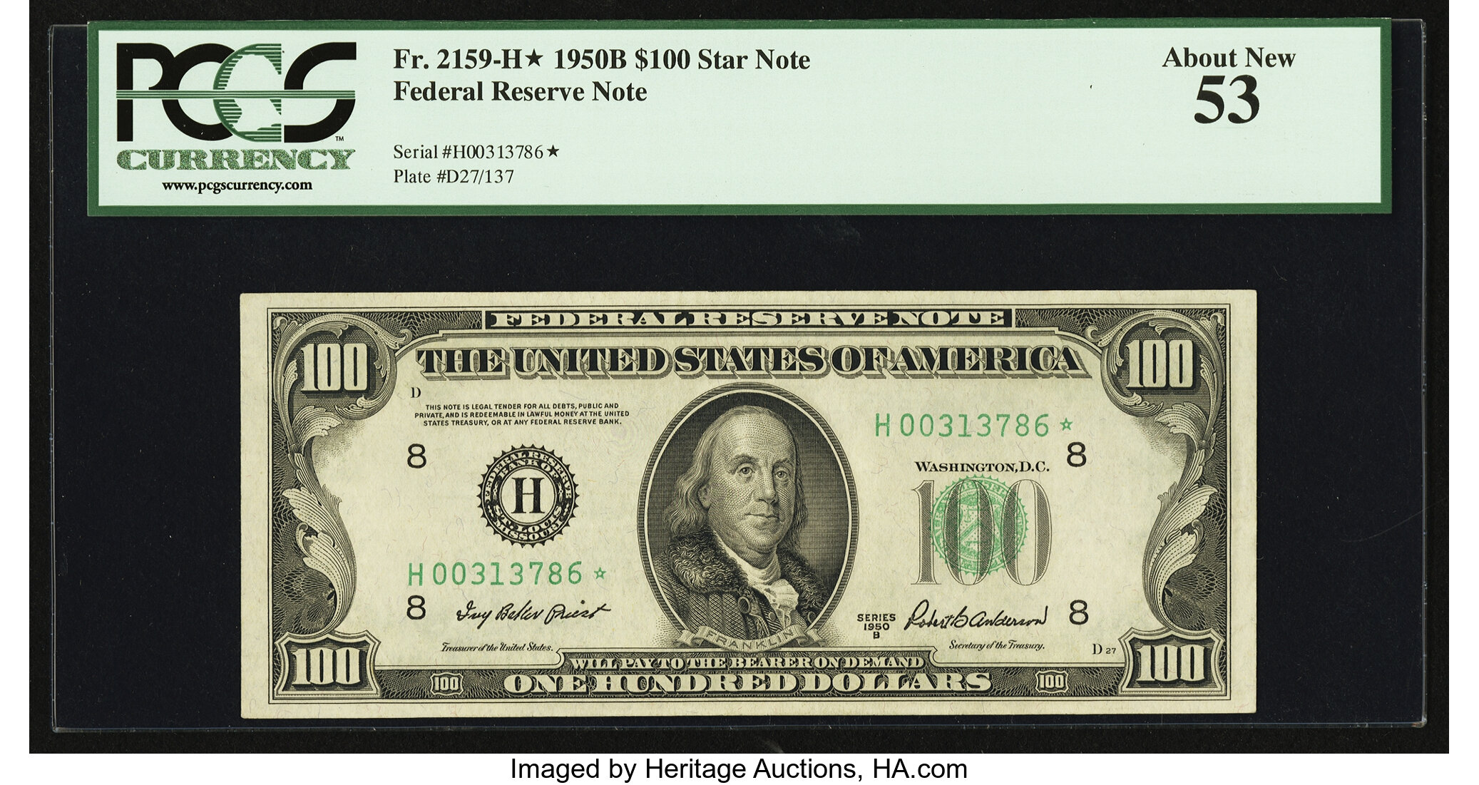 image for: Fr. 2159-H* $100 1950B Federal Reserve Note. PCGS About New 53....