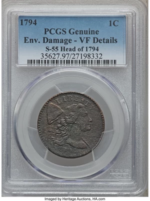 image for: 1794 1C Head of 1794, S-55, B-47, R.2 -- Environmental Damage -- PCGS Genuine. VF Details. PCGS Population (1/4). NGC Censu...