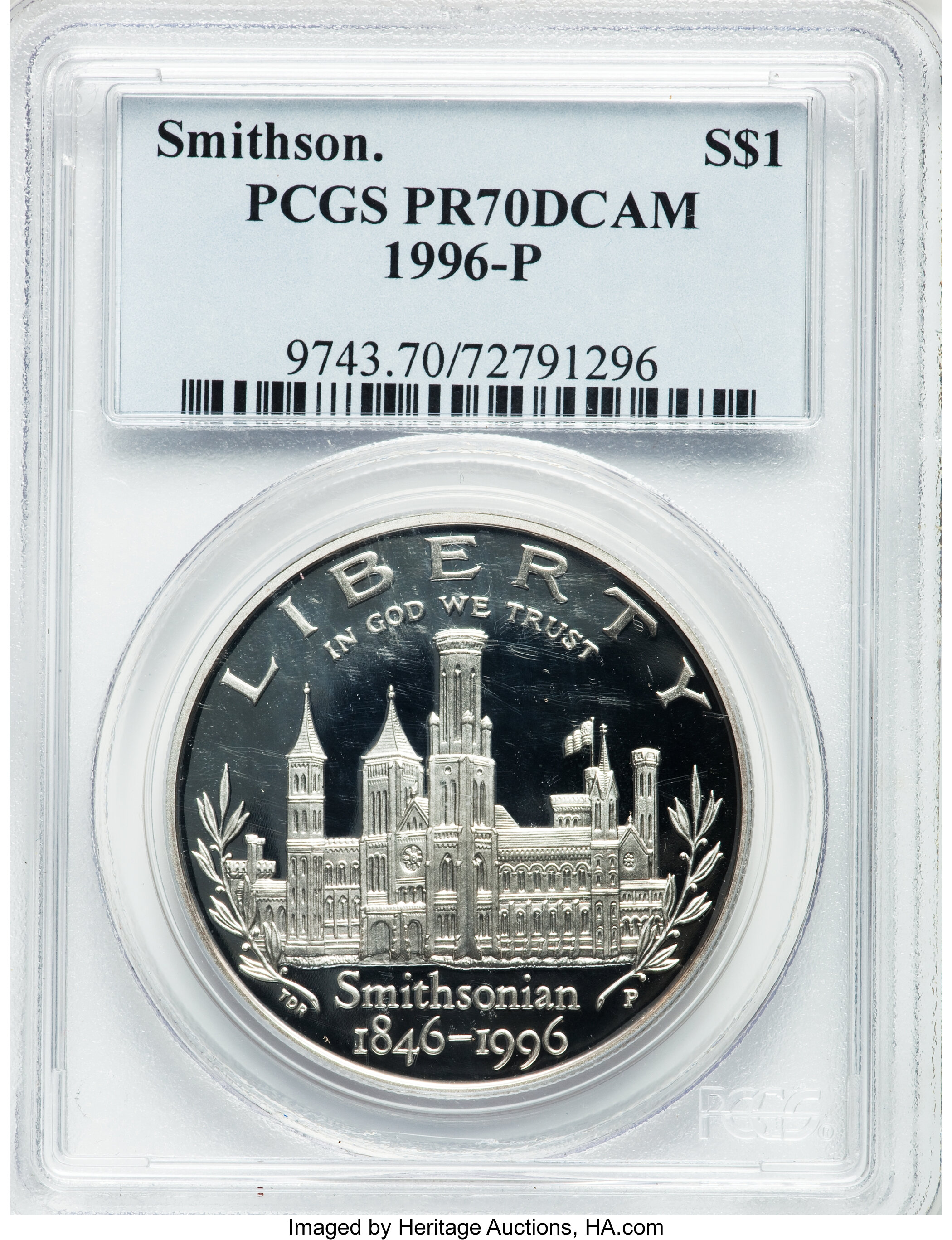 1996-P $1 Smithsonian Silver Dollar PR70 Deep Cameo PCGS. PCGS Population (42). NGC Census: (45). Mintage: 129,152. Numisme...
