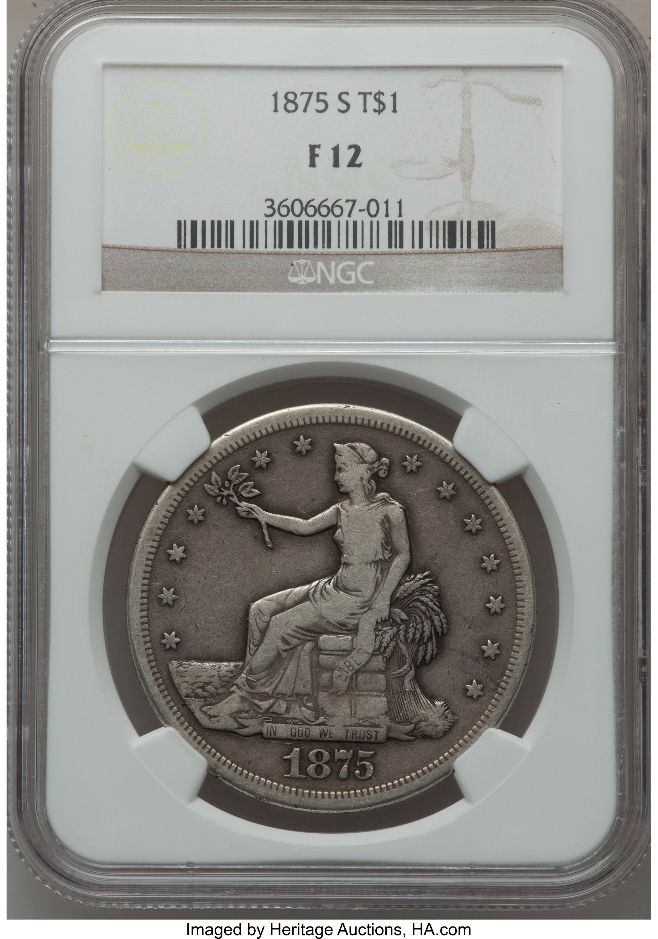 1875-S T$1 Fine 12 NGC. NGC Census: (3/874). PCGS Population (0/1164). Mintage: 4,487,000. Numismedia Wsl. Price for proble...