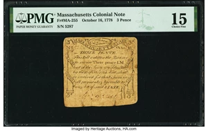 image for: Massachusetts October 16, 1778 3d PMG Choice Fine 15....
