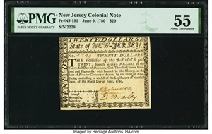 image for: New Jersey June 9, 1780 $20 PMG About Uncirculated 55....